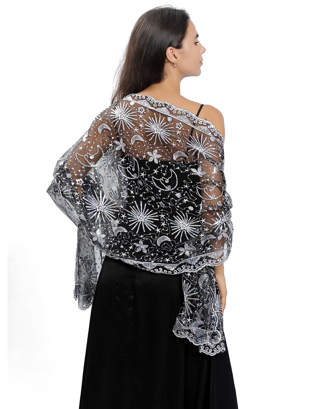 Baoqiya Women's Black+Silver Sparkling Sequin Deco Wedding Scarf For Bride 1920S Shawls And Wraps For Evening Party Dress, Large