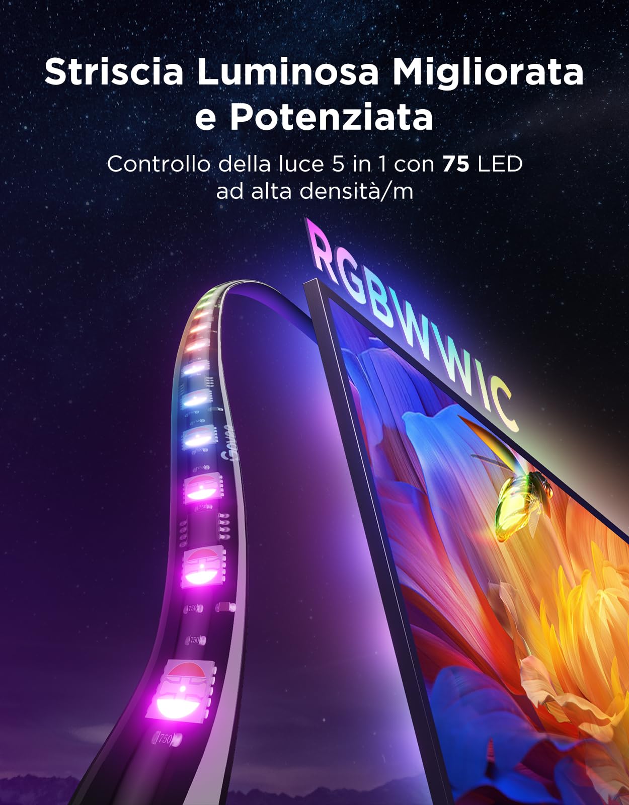 Govee TV Backlight 3 Pro con Tripla Telecamera HDR, RGBWWIC Striscia led TV | 5 in 1 LED, per 55-65 pollici, 75 LED/m, Supporta Filtro AI, APP Controllo Vocale, Sincro DreamView, Matter Alexa Compatibile