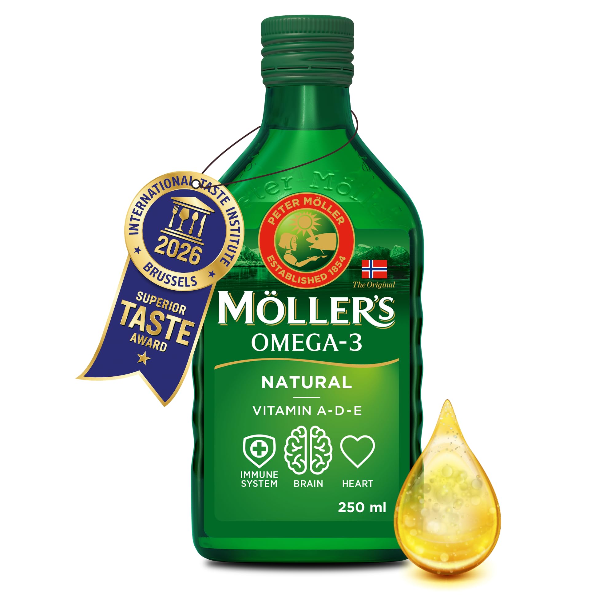 Moller’s ® | Omega 3 Cod Liver Oil | Omega-3 Dietary Supplements with EPA, DHA, Vitamin A, D and E | Superior Taste Award | Pure & Natural cod Liver Oil | 166 Year Old Brand | Neutral | 250 ml