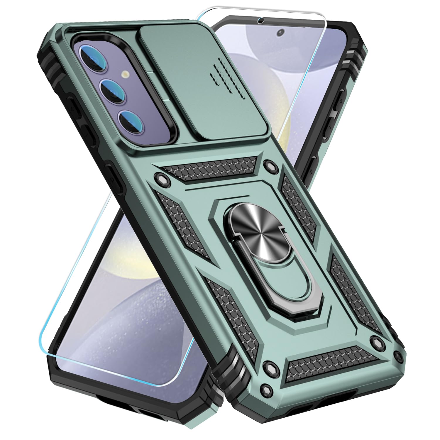 SunStory Compatible with Samsung Galaxy S24 FE 5G Case with HD Screen Protector & Slide Camera Cover & Rotated Ring Kickstand, [Military-Grade] Phone