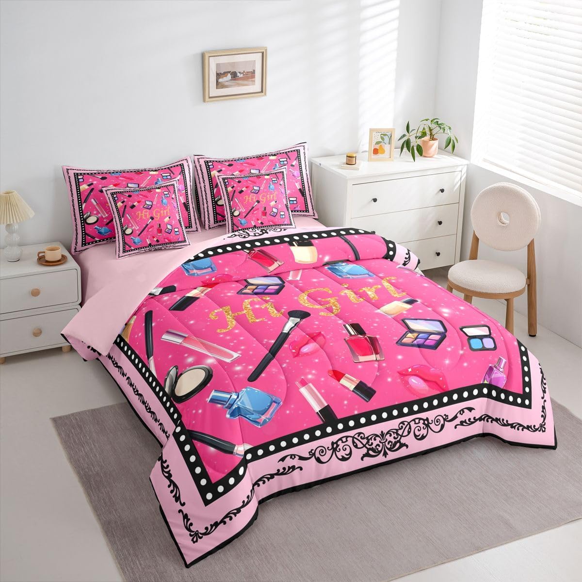Makeup 7 Pieces Kids Bedding Set Queen Bed in a Bag,Girls Women Cosmetics Lipstick Comforter Set with Comforter,Flat,Fitted Sheet,Pillowcases,Pillow Covers,Glitter Lace Print Microfiber Bedding
