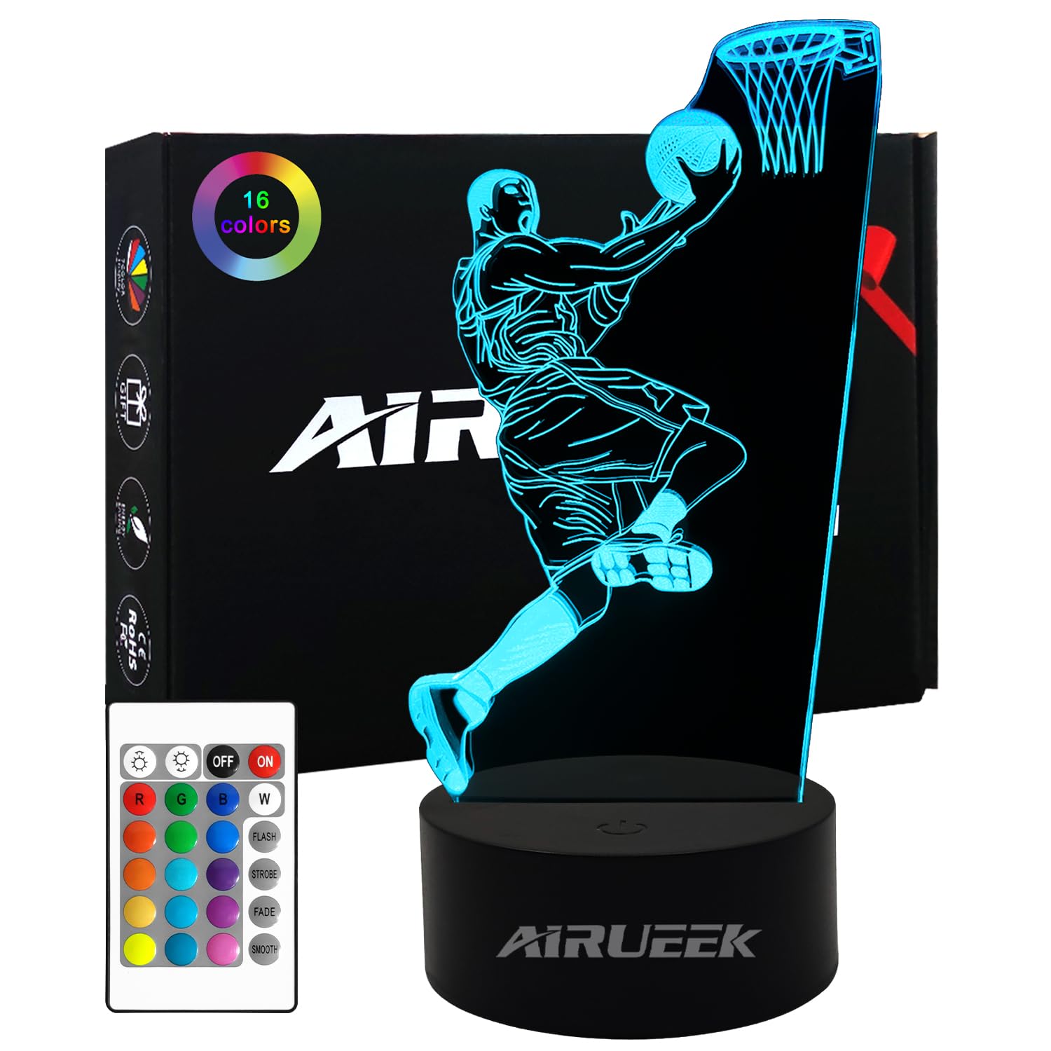 AIRUEEK Luce Notturna da Basket per Bambini, Lampada da Illusione 3D LED, Telecomando 16 Cambia Colore Dimmerabile, Regali Ragazzi Arredamento Camera da Letto, in ABS