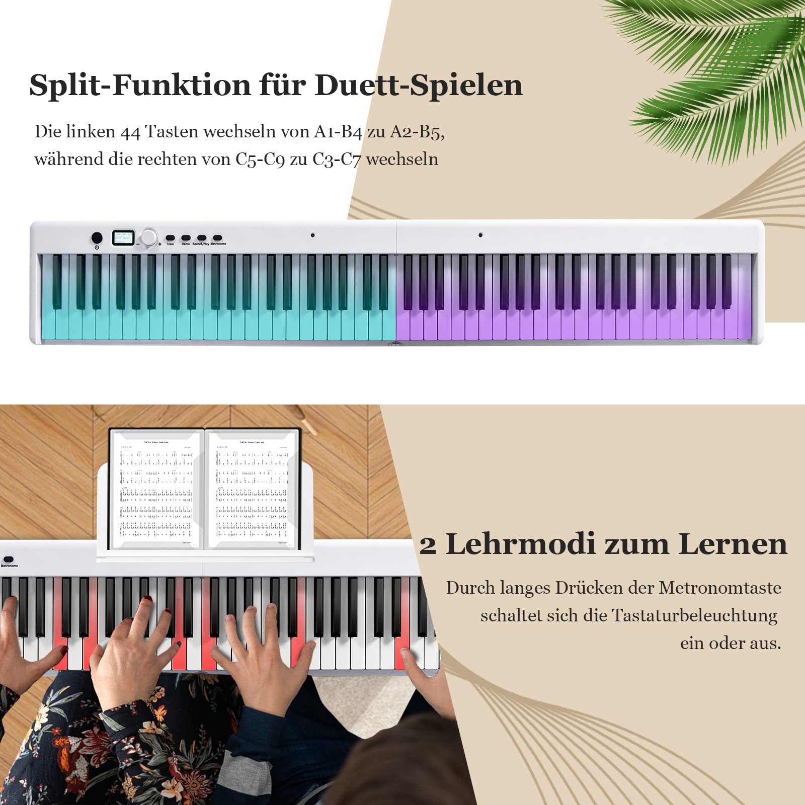 GOPLUS 88 Tastatur Elektronisches Klavier, Digitale Keyboard faltbar mit Bluetooth, Digital Piano mit 128 Rhythmen/Klänge & 20 Demo-Songs, E-Piano mit Tragetasche und Pedal, Farbwahl (Weiß)