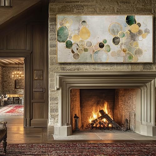 Miniatura 5 de Lienzo abstracto para pared, pintura de círculo dorado, ilustraciones verdes enmarcadas, impresiones de pared de 29 x 58 pulgadas, decoración de