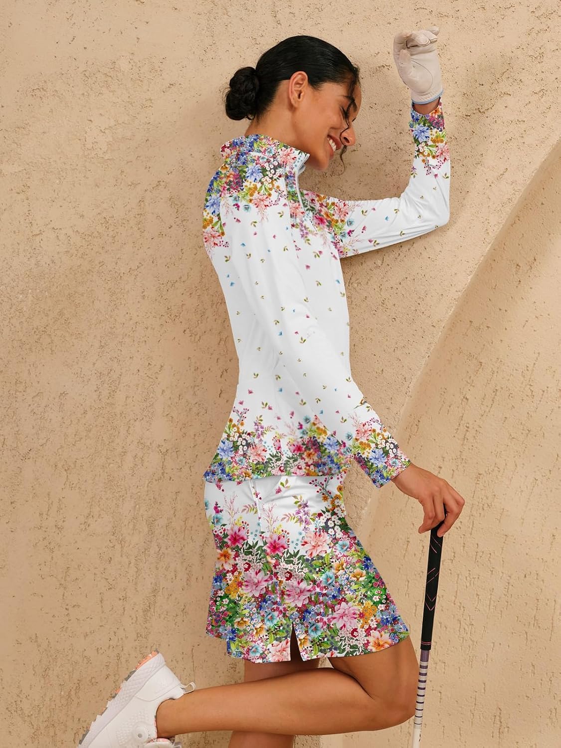 Womens Golf Polo Shirts Long Sleeve Quarter Zip Pullover Shirt for Women Ladies Printed Athletic Tops with Ruffled Hem