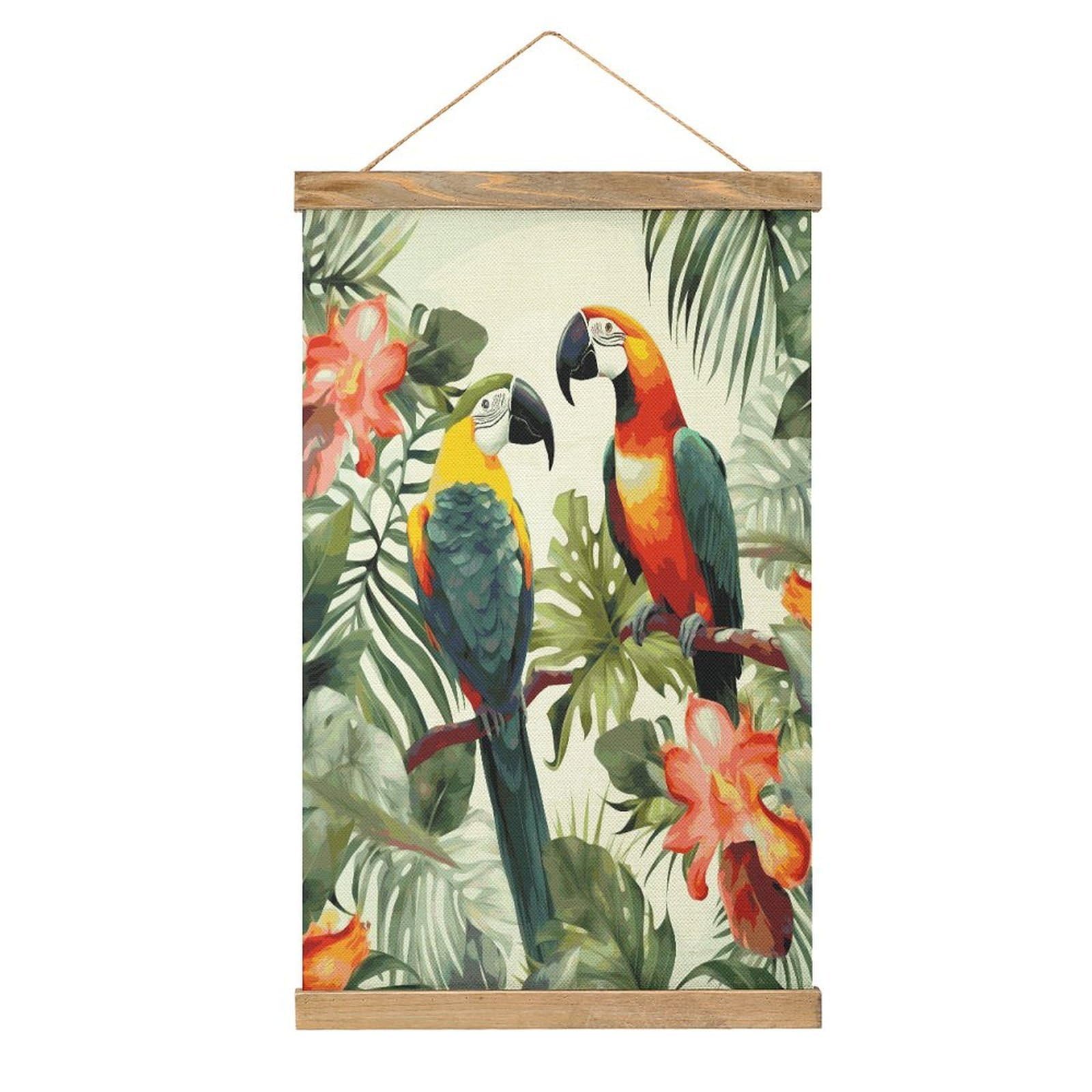 JTREHY Toucans Parrot Palm Tree Leaves Linen Hanging Painting Vintage Poster Wall Art Prints Personality Style Wall Hanging Poster for Living Room Office Bedroom Decor Frame 13.2 X 20.47 Inch