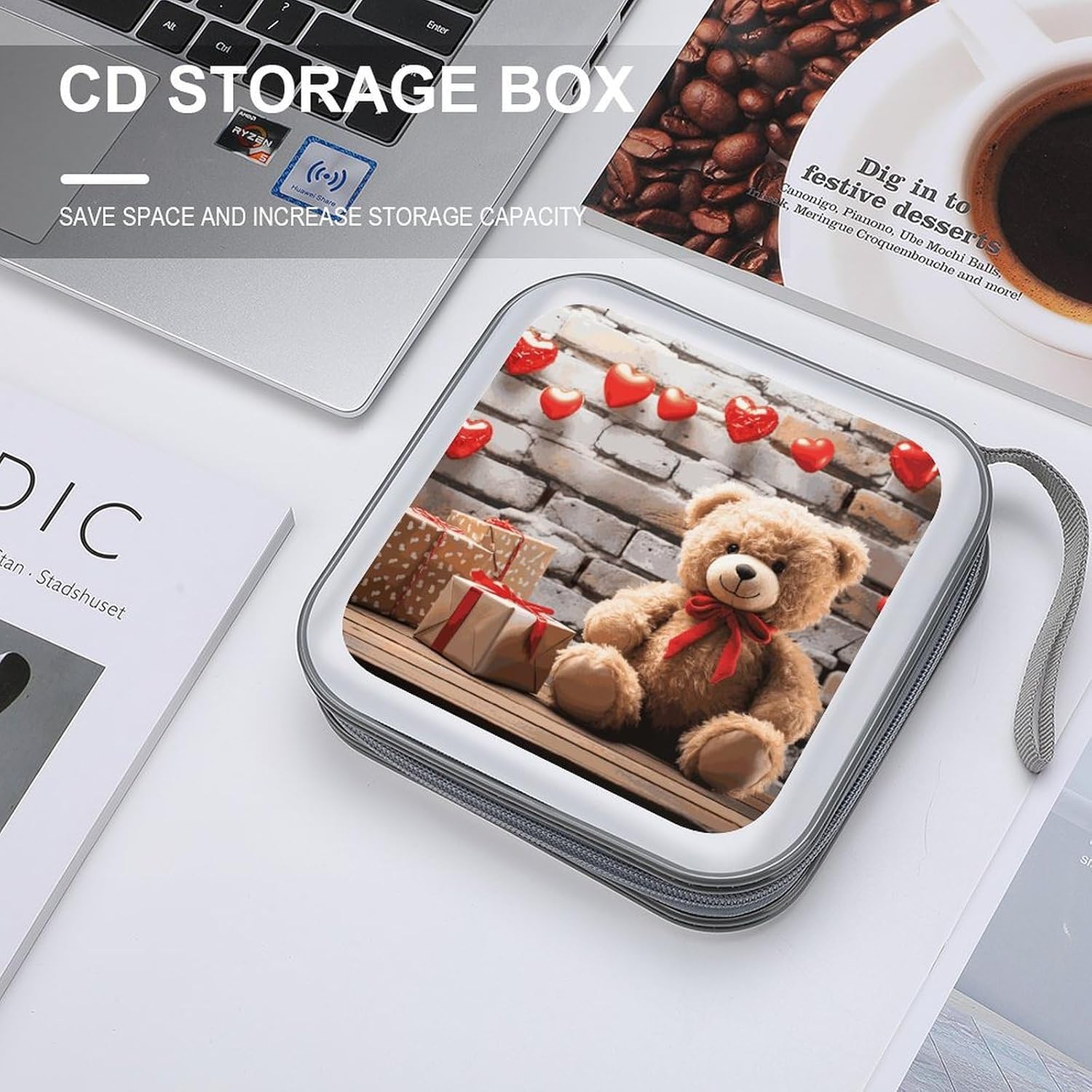 Cute Bear Valentine Gift CD Case 40 Capacity CD Holder Organizer Portable Zipper DVD Collection Storage Bag Compact Cases Storage Binder Plastic Holder Disc Car Home Travel image 4
