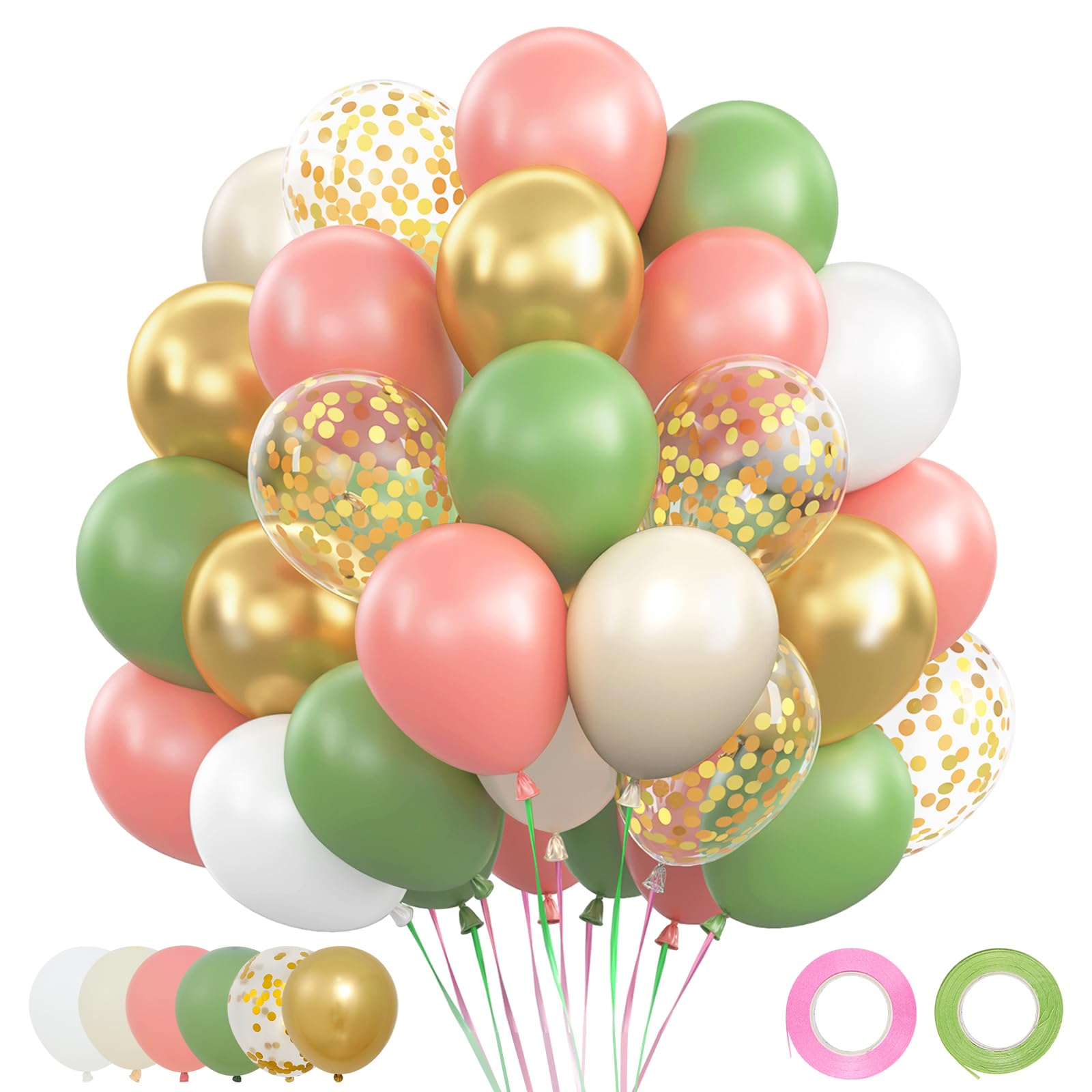 Luftballons Rosa Grün, 62 Stück Luftballons Geburtstag Salbeigrün Retro Rosa, Luftballon Grün Creme Weiß Beige, Metallic Gold Ballons mit Konfetti Ballon für Geburtstagsdeko Mädchen JGA Deko Babyparty
