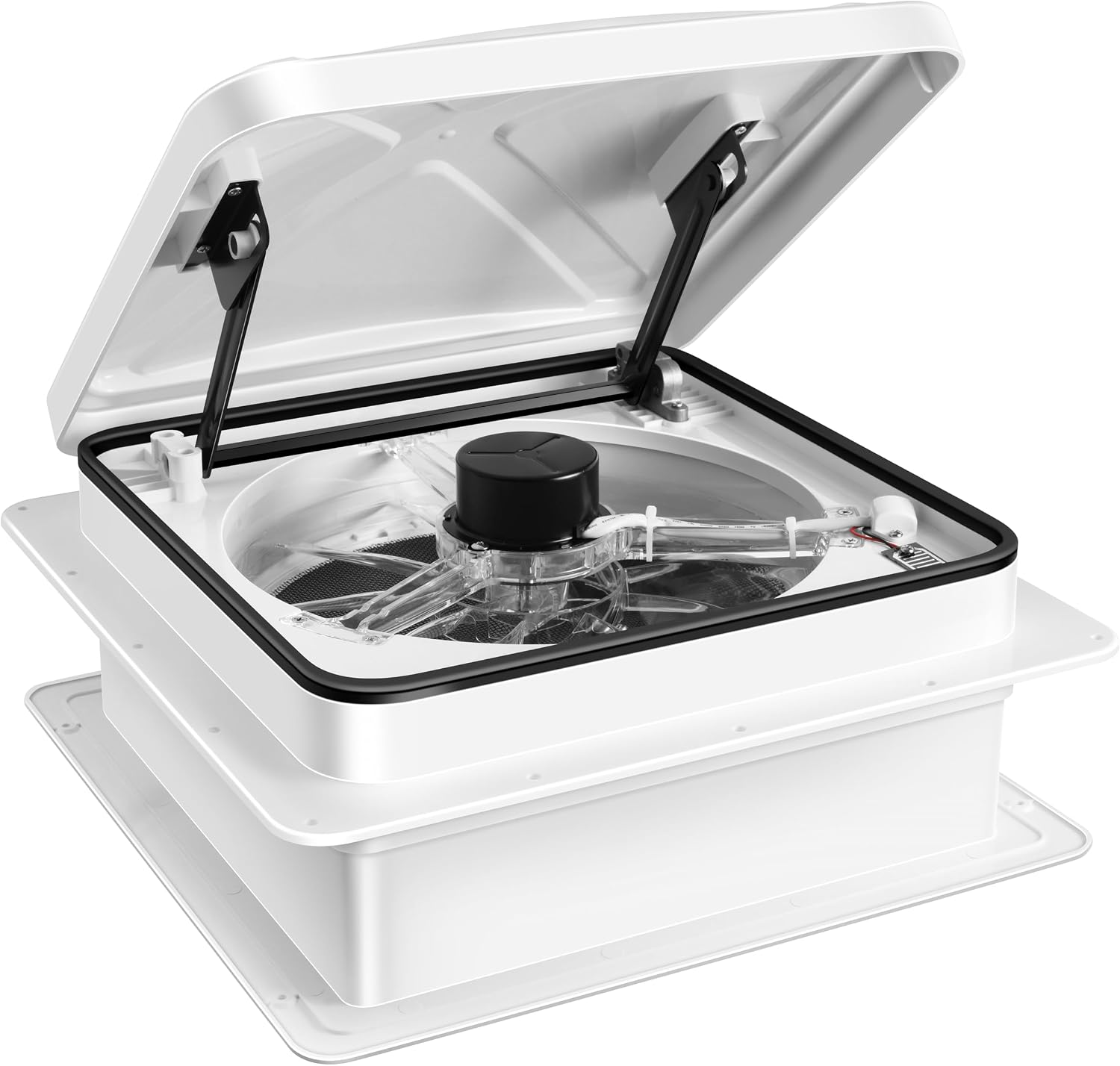 RV Roof Vent Fan — 17-Leaf Clear Blade Design, 6-Speed Brushless 12V Motor, 200-1100 CFM Airflow, 14×14" Universal RV/Camper Ceiling Fan with Reversible Airflow White Lid