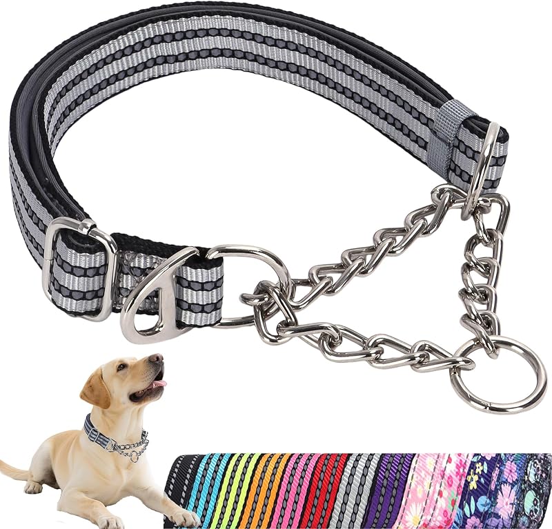 Coleira Martingale para Cães Grandes com Corrente de Aço Inoxidável e Faixa Refletiva ONEFOJOJO XXL