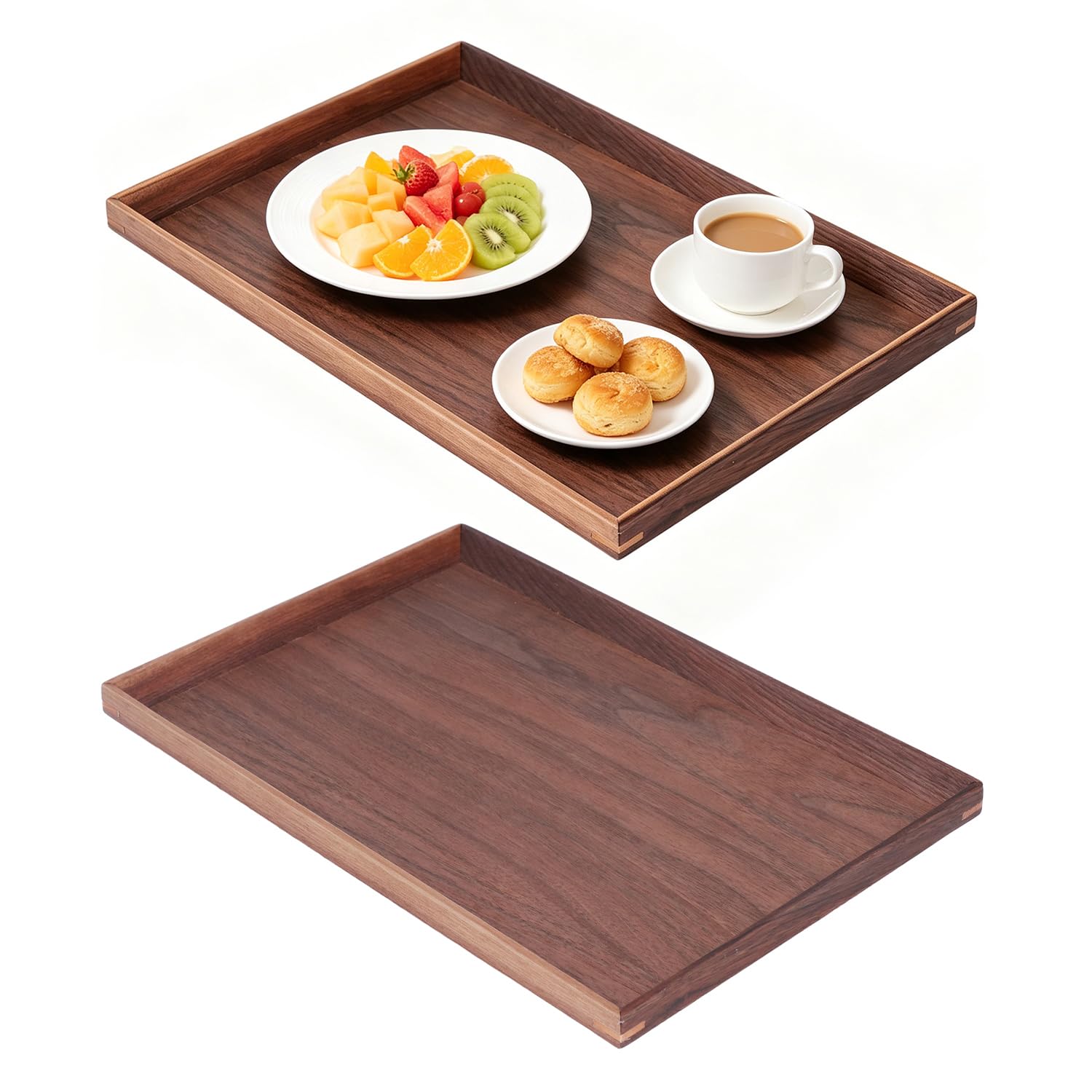 Walnut Wood Serving Tray, Decorative Rustic Wood Rectangle Platter Coffee Table Tray for Breakfast, Dinner, Appetizers, Bed, Ottoman, Kitchen, Home Decor (Medium*2pcs)