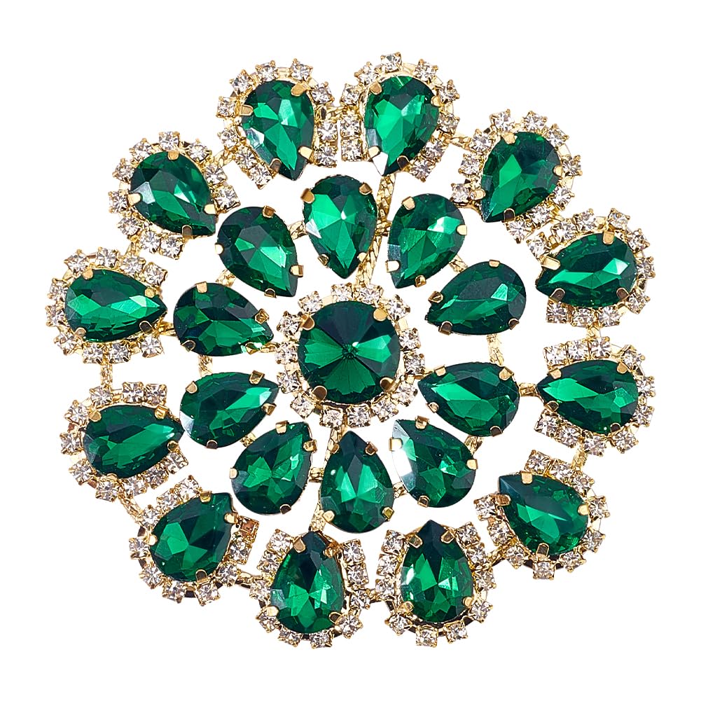 FINGERINSPIRE Runde Strassblumen Applikation 85mm Durchmesser Zum Aufnähen Grüne Tropfenförmige Strassapplikationen Mit Messingfuß Runde Blumenform Verzierung Für DIY Bastelarbeiten Kleider Taschen
