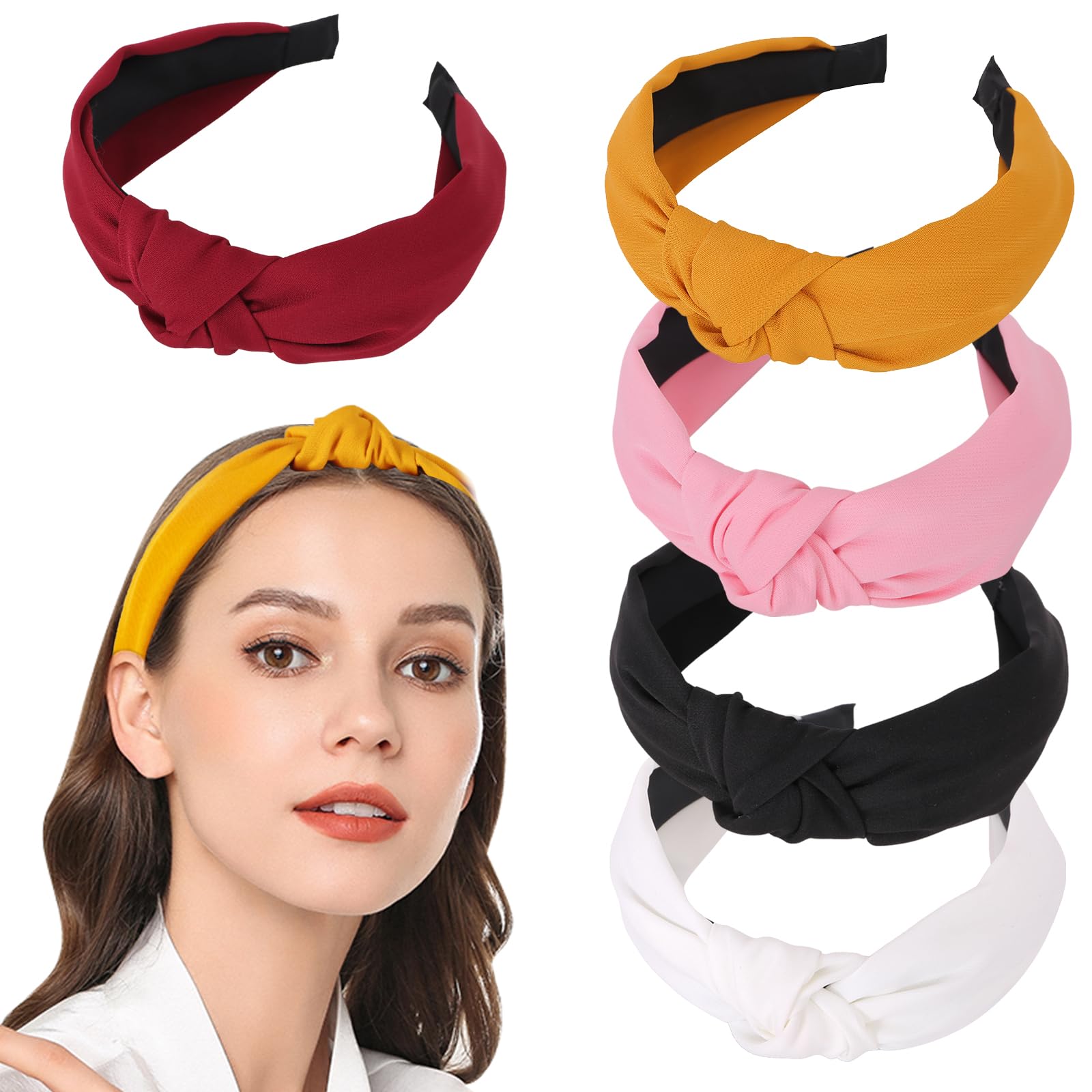 5 Pack Black White Knotted Headbands for Women Wide Non-Slip 