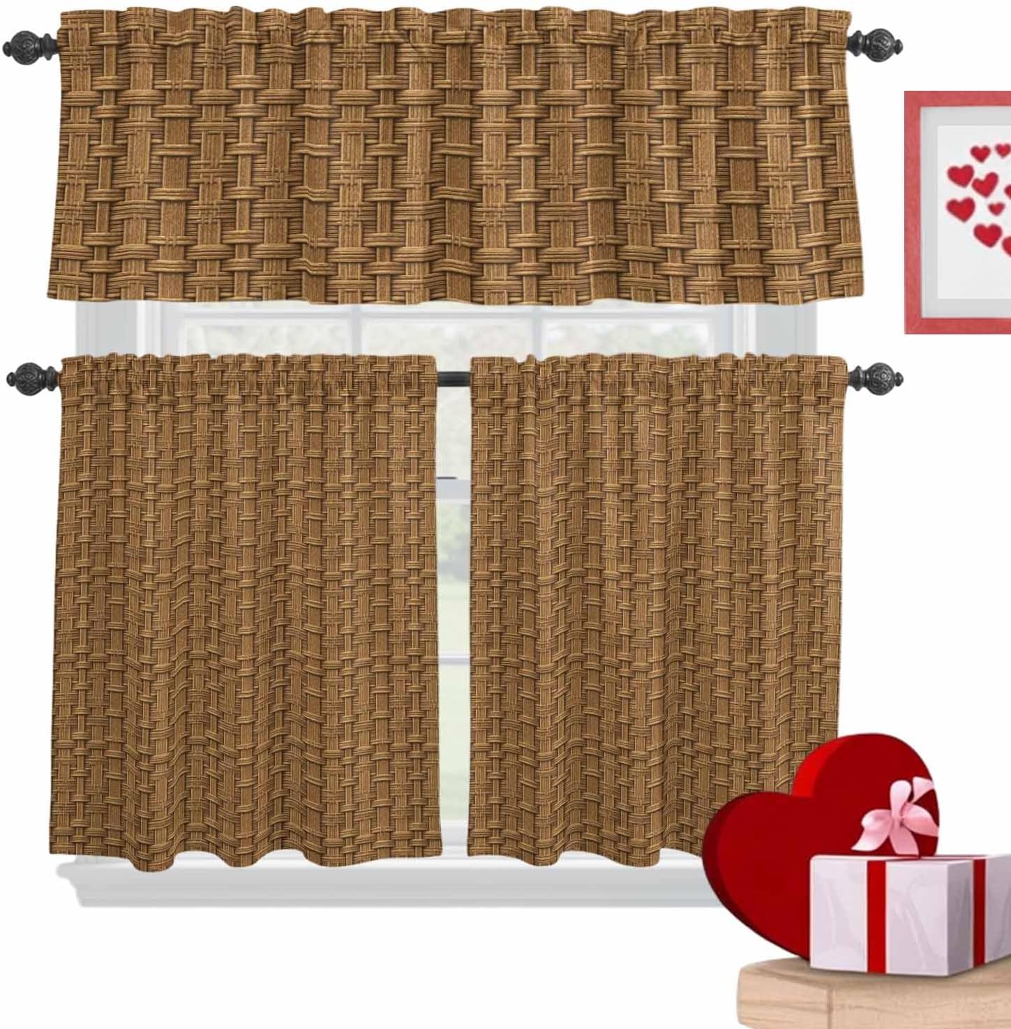 3 Piece Kitchen Curtains and Valances Set Vintage Rattan Cafe Curtains 24 Inch Length Minimalist Abstract Wicker Texture Brown Valance & Tier Curtain for Living Room Bedroom Window 54"x18"+27"x24"*2