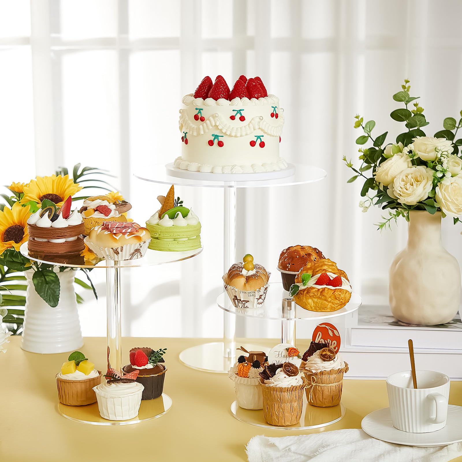 Hsei Lot de 6 présentoirs à gâteaux ronds en acrylique transparent | Ensemble de présentoirs à étages pour mariage, fête d'anniversaire, événement, plateau de présentation, desserts, pizzas