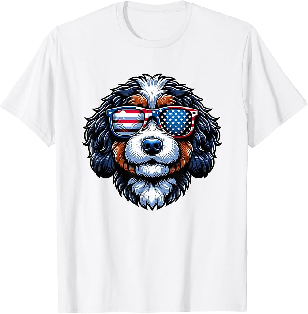 Patriotic Bernedoodle American Flag Sunglasses 4th of July T-Shirt