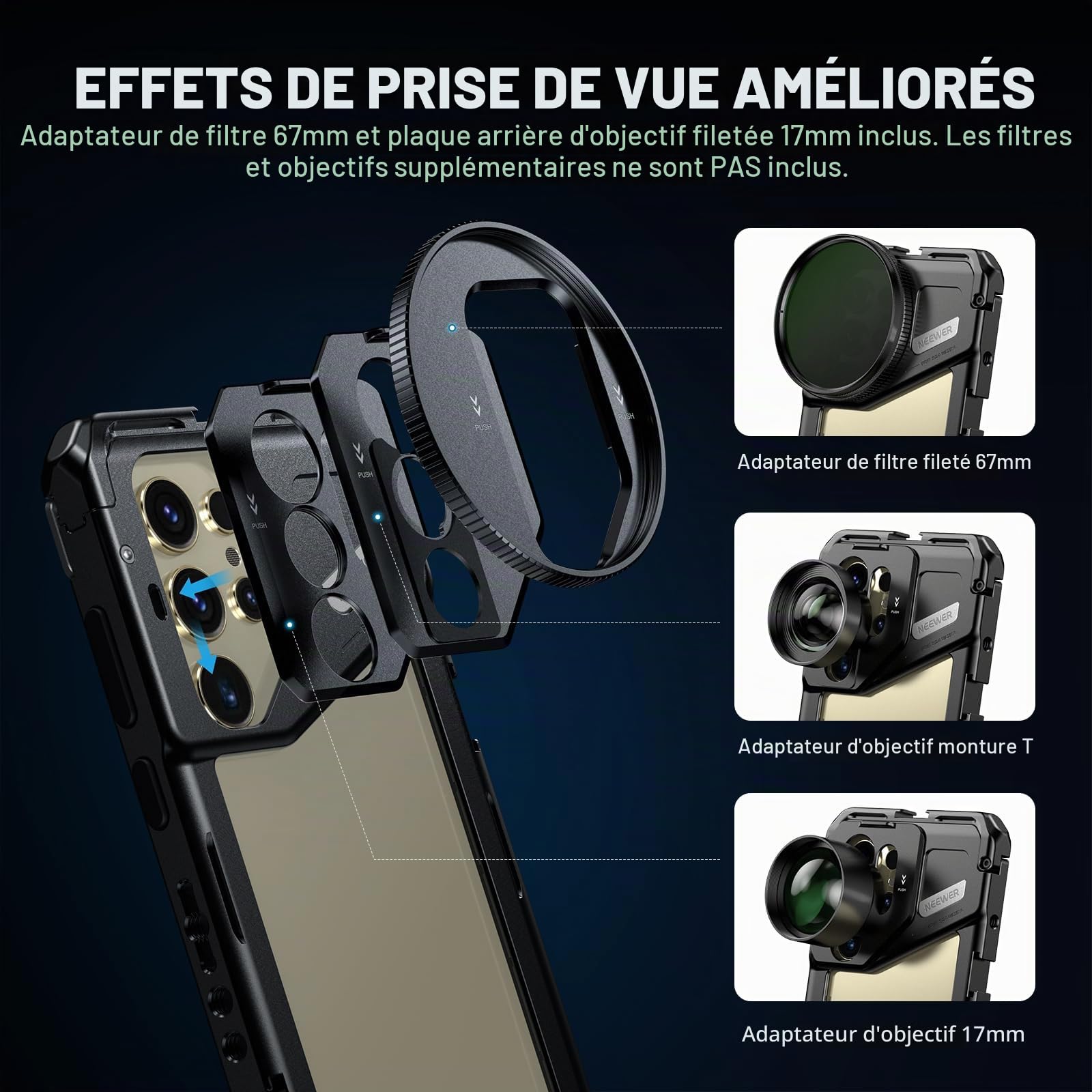 NEEWER S24 Ultra Cage pour Smartphone avec Adaptateur Filtre 67mm, Plaque arrière d'objectif 17mm, Adaptateur d'objectif à Monture T, Chiffon Nettoyage, stabilisateur vidéo pour Smartphone, PA042