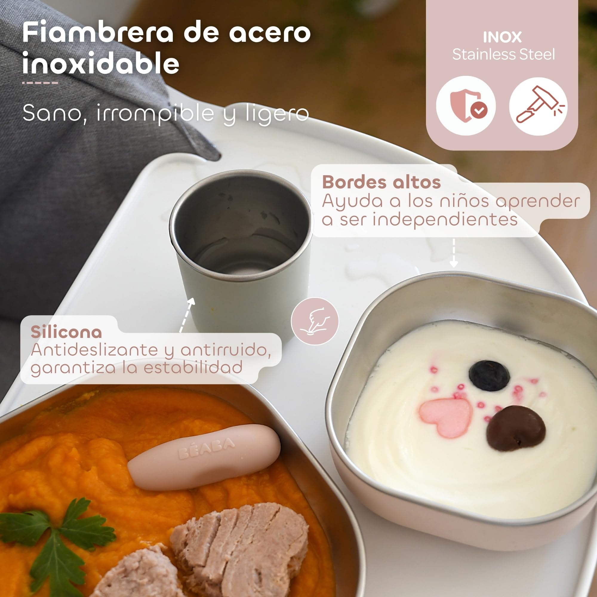 BÉABA, Set de Comida Bebé/Niño Inox, 3 Piezas, Cristal + 2 Platos, Compatible Microondas/Lavavajillas, Saludable/Resistente, Ligero, Irrompible, Antideslizante con Funda de Silicona, Algodón de Azúcar