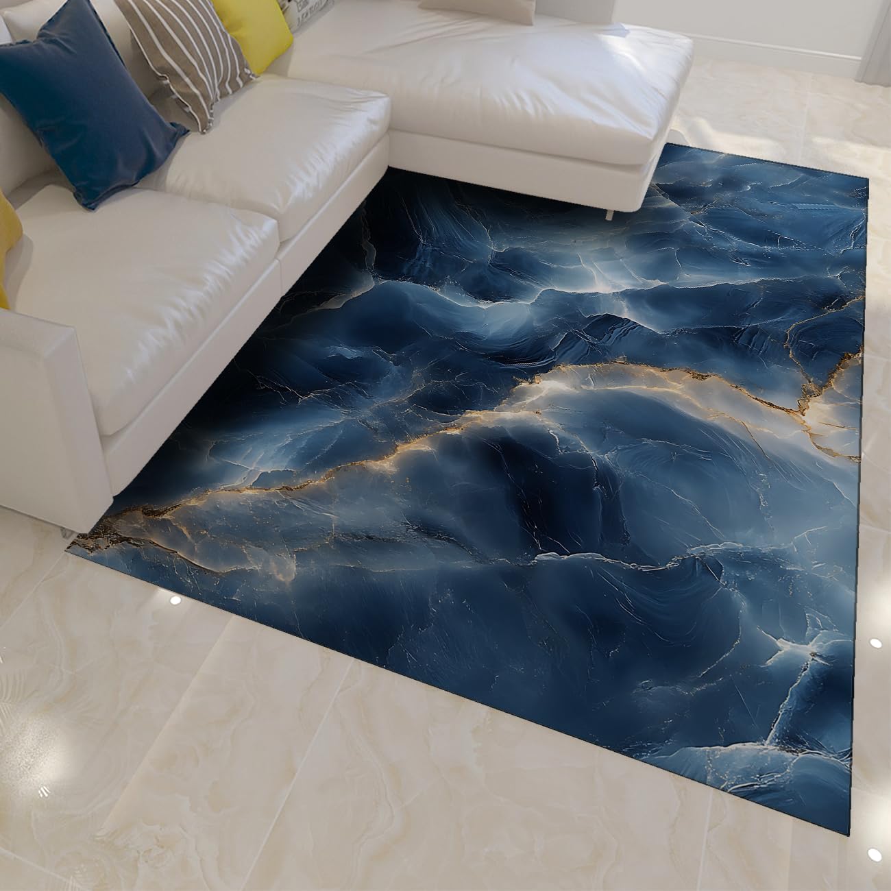 Ciemnoniebieski dywan wejściowy 140 x 200 cm, do kuchni, cienki, abstrakcyjny wzór kamienia oceanowego, nadaje się do prania w pralce, antypoślizgowy dywanik do przedpokoju, sypialni