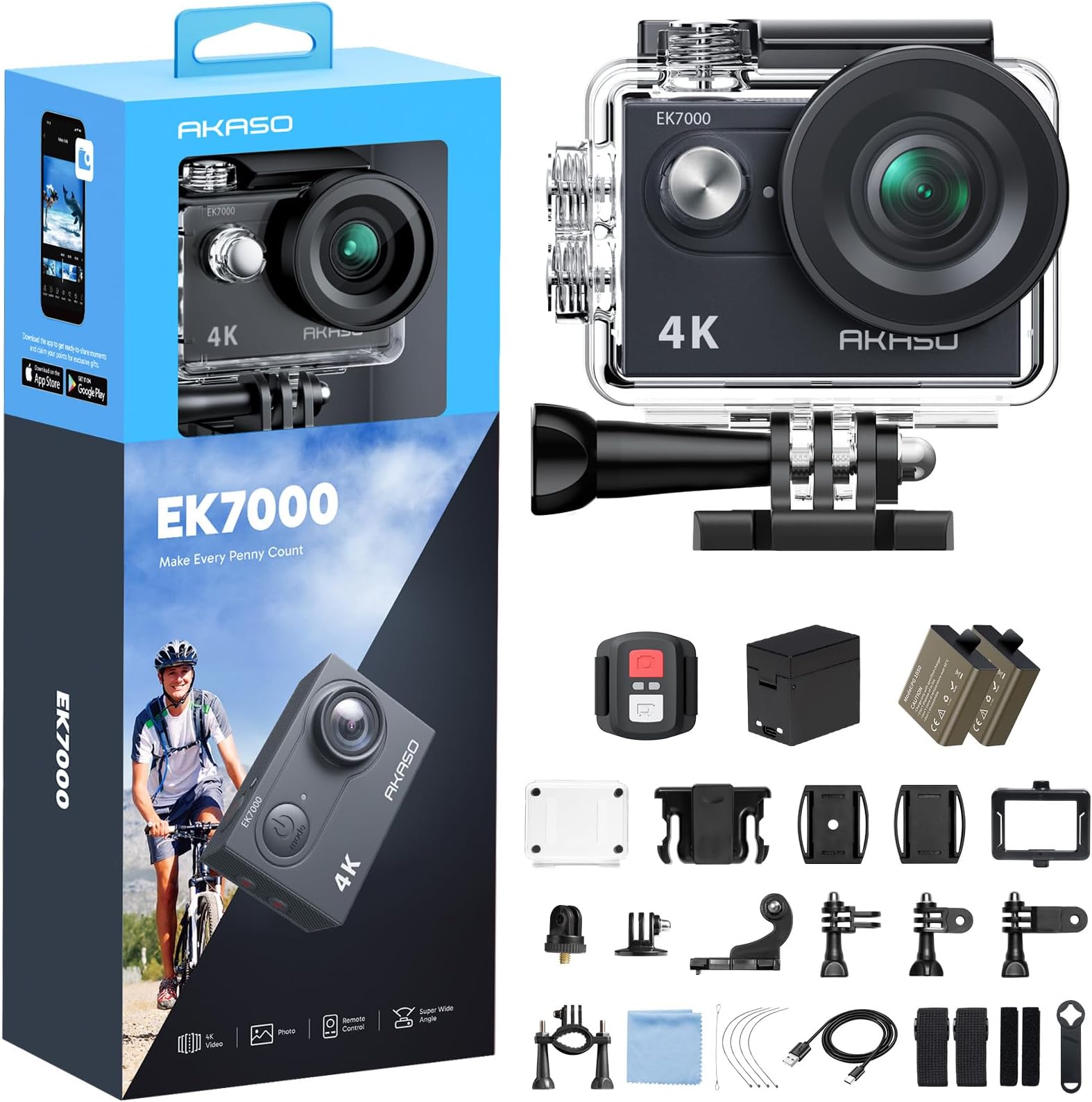 AKASO EK7000 4K30FPS Action Camera - 20MP Ultra HD Underwater Camera 170 Degree Wide Angle Waterproof Camera with Accessory Kit