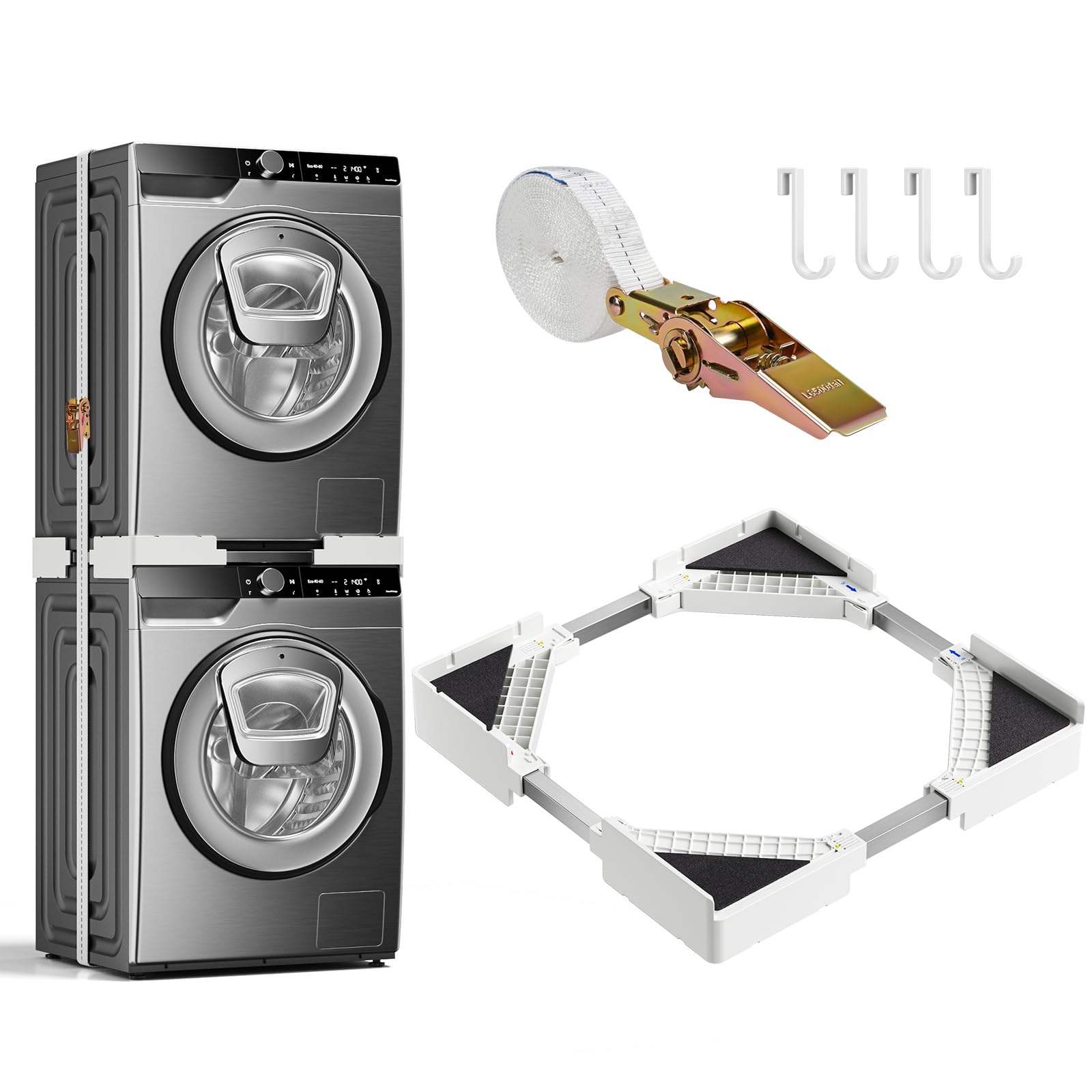 Set di cornici di collegamento universali per lavatrice e asciugatrice, 46-66 cm, set di telaio di collegamento regolabile, kit impilabile con corda a cricchetto, kit di montaggio intermedio per