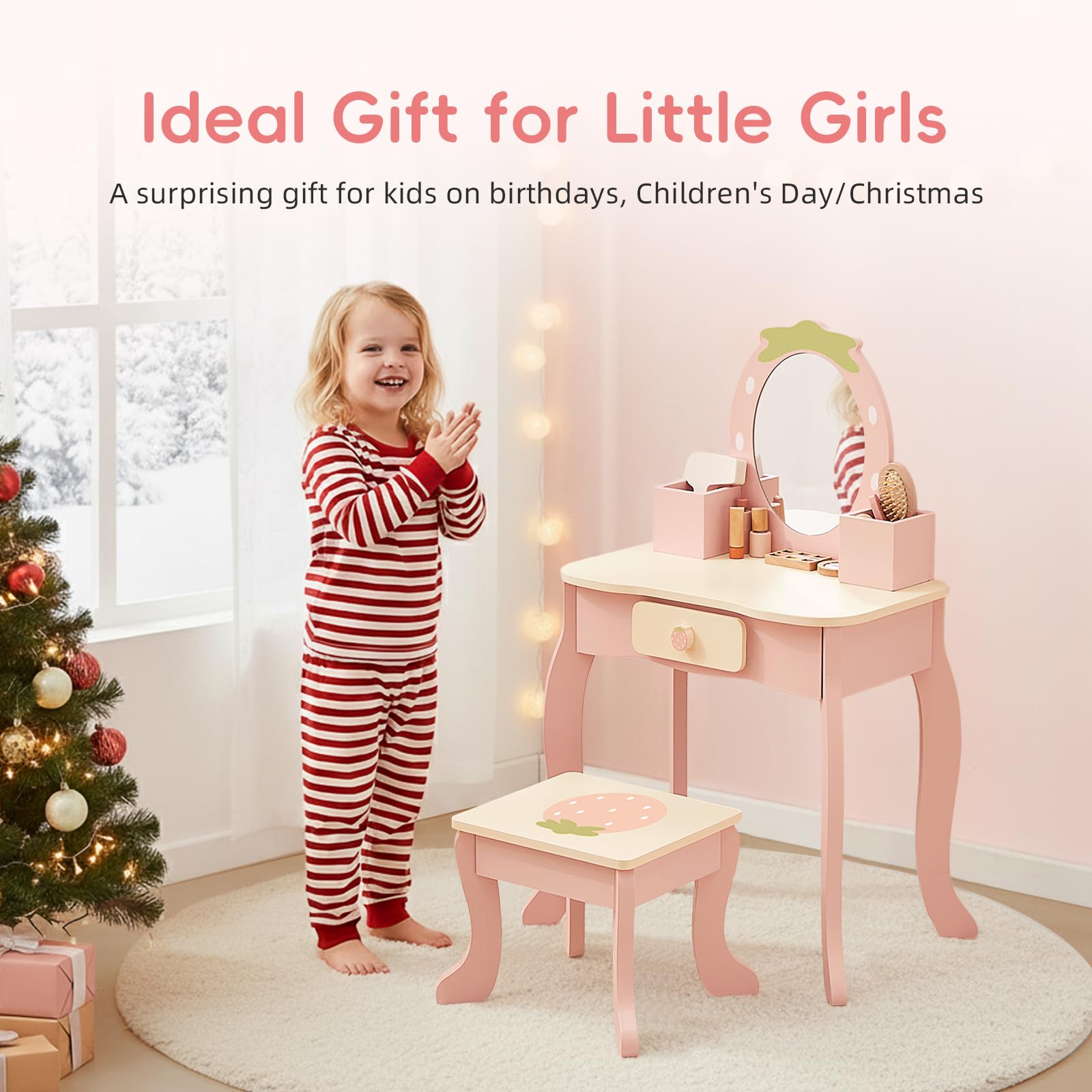 OOOK Schminktisch Kinder Set, Kinder Schminktisch Holz mit Schminkzubehör, Frisiertisch mit Schublade und Hocker, Kinderschminktisch für Mädchen ab 3