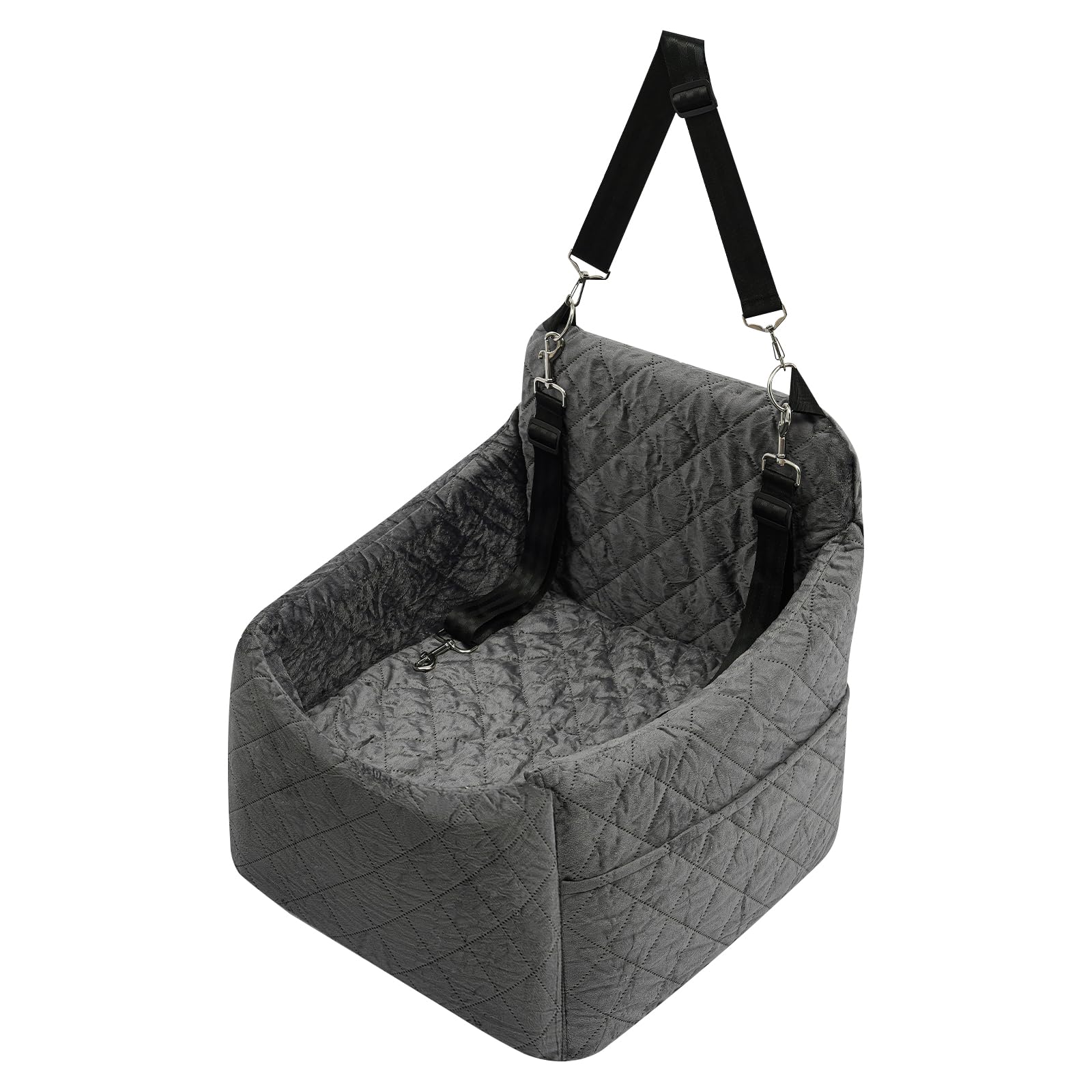 Asiento de coche para perros pequeños/medianos de menos de 15 kg, asiento de coche para mascotas desmontable y lavable, con 3 cinturones de seguridad y acolchado, cama para perro, color gris