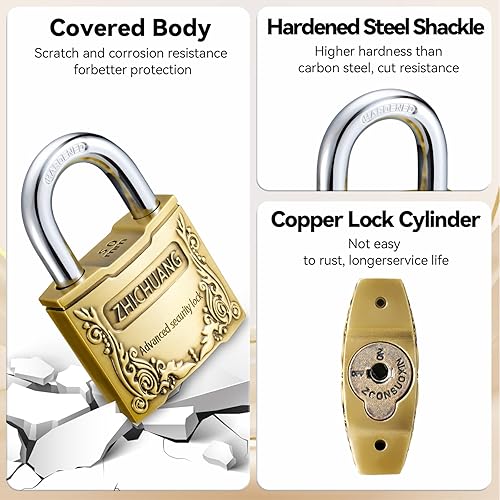 Miniatura 6 de Candado de cobre de estilo antiguo con 3 llaves, cerradura de seguridad resistente de 1.575 pulgadas, diseño vintage, duradero y resistente a la