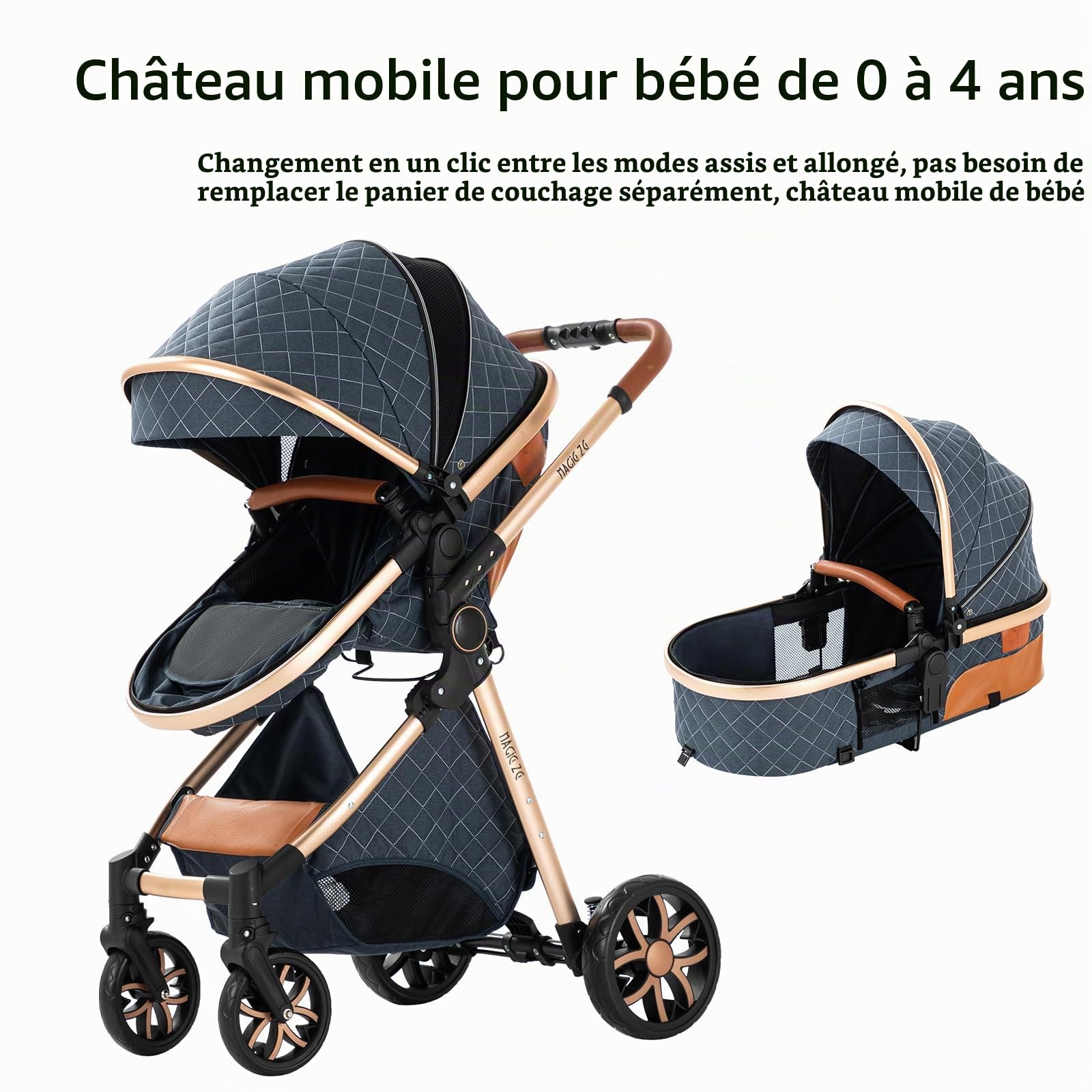 Poussette 3 en 1 de Luxe Pour Bébé Avec Berceau Réversible, Supports de Landau Pliants à Un Bouton, Poussette Bébé de Voyage Compacte et Portable（Bleue)