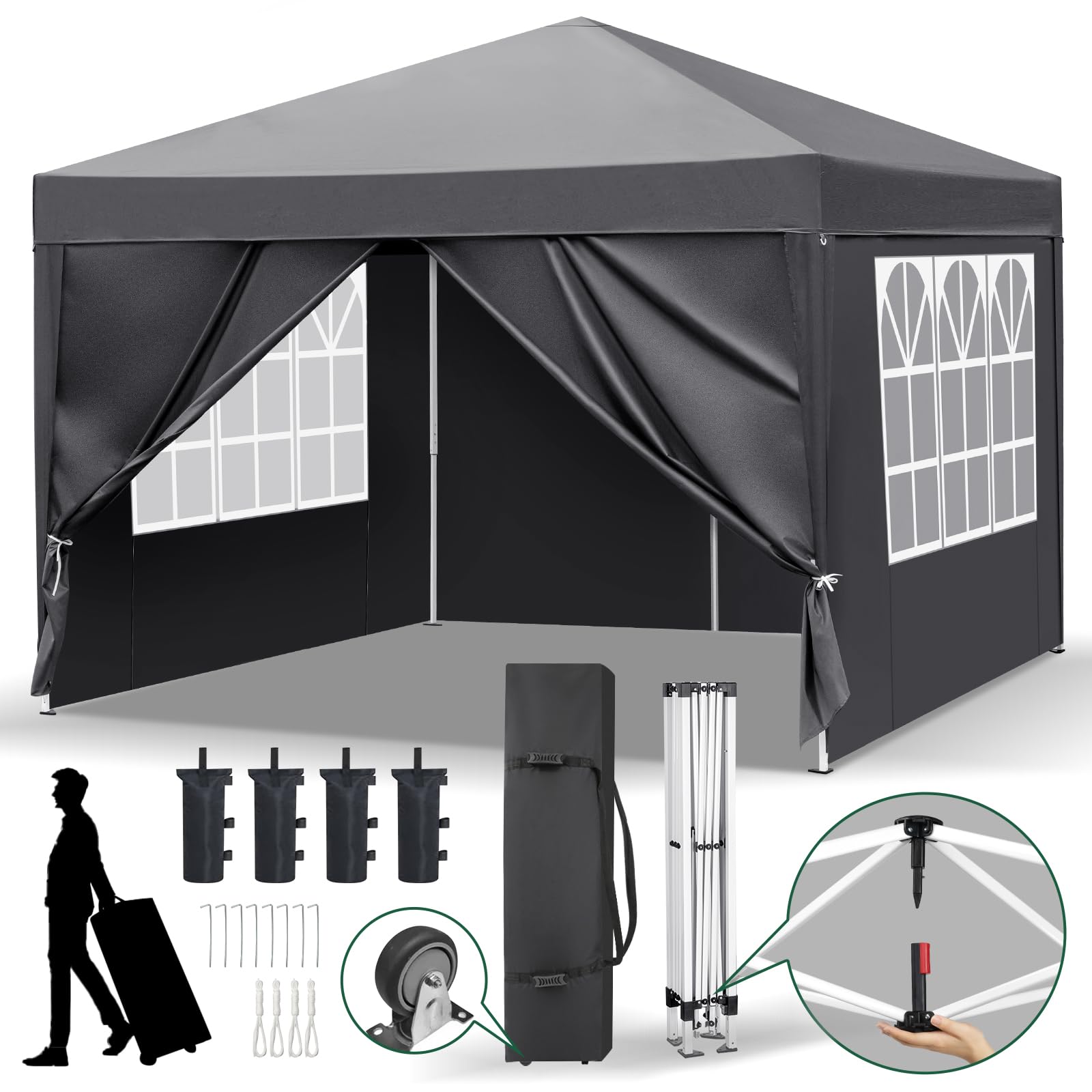 Bonnlo Pop Up Gazebo 3m x 3m, Easy One Button Assembly BBQ Shelter, Portable Garden Gazebo Tent with Carrying Bag, Outdoor Use (with Sides, Wheeled Bag)