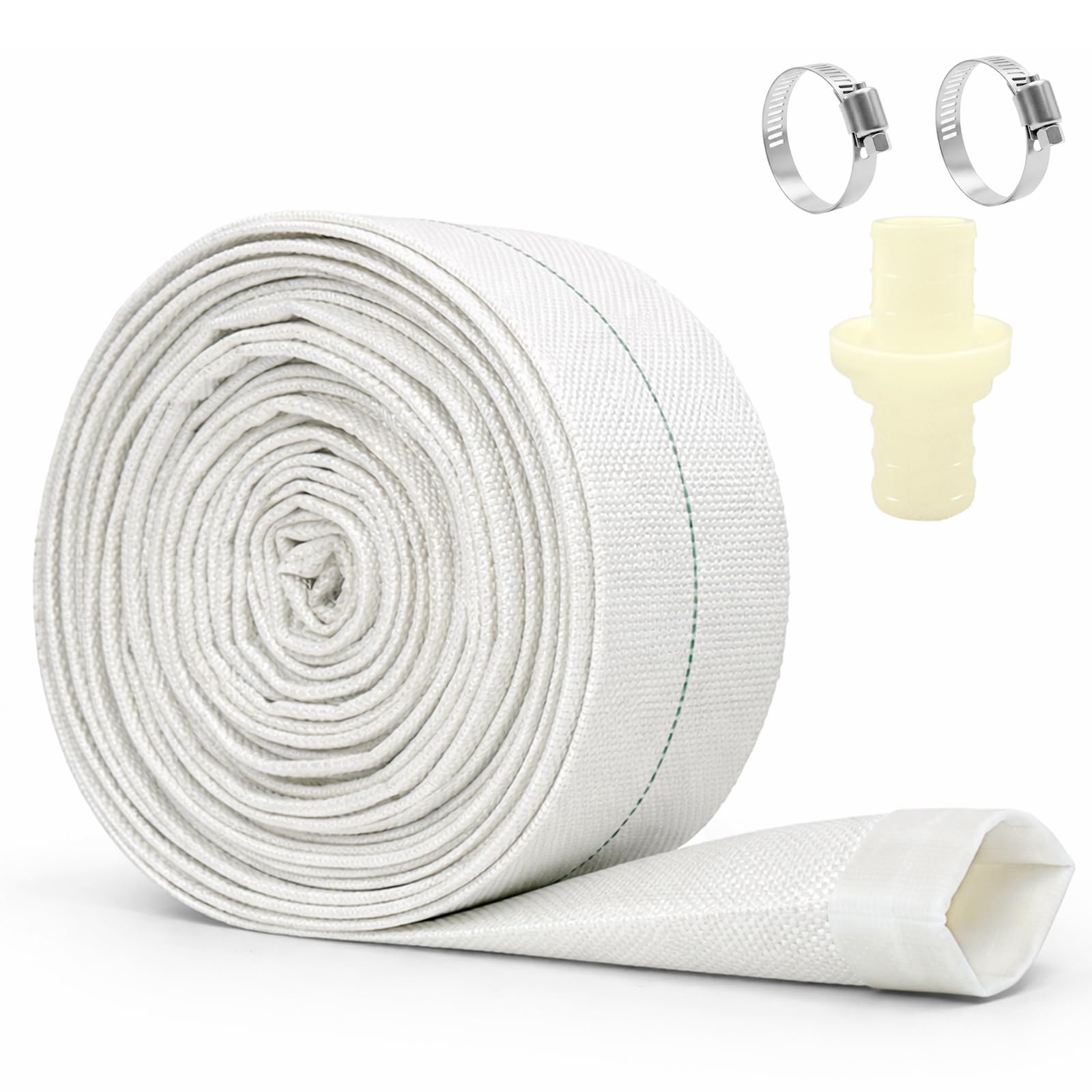 Layflat Discharge Hose, 32mm x 10m(1 1/4") Water Pump Pond Hose, with 2 Clamps and Adapter for Pool Backwash, Submersible Pumps, Draining Pond (White)