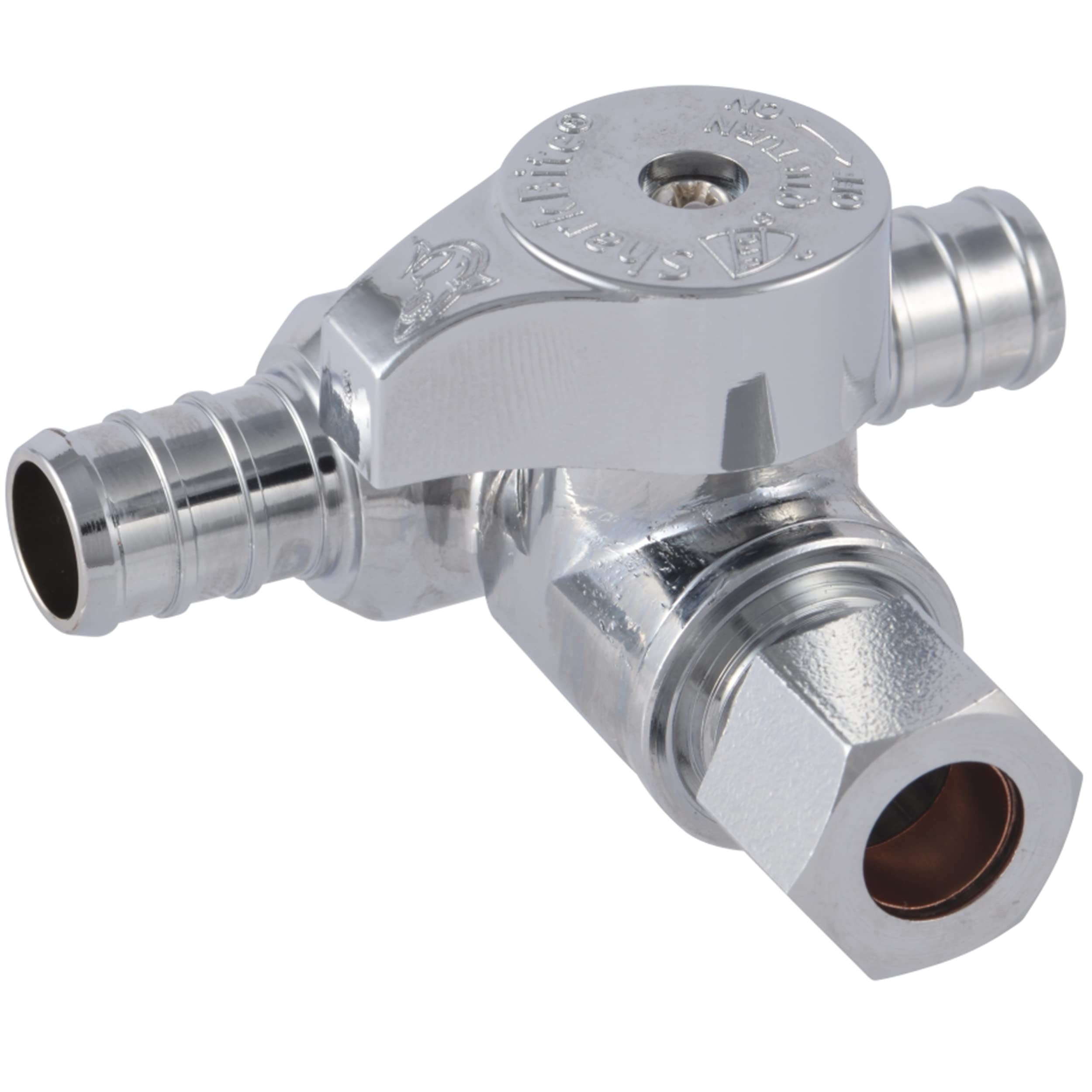 SharkBite1/2 x 1/2 x 3/8 Inch OD Compression Crimp Tee Stop, Quarter Turn, Brass Plumbing Fitting, PEX Pipe, PE-RT, UC24984Z