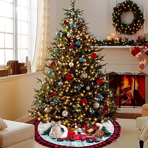 Miniatura 4 de ORTIGIA Falda de árbol de Navidad de 48 pulgadas, diseño de búfalo rojo y negro, falda de árbol de Navidad, borde con volantes, para granja,