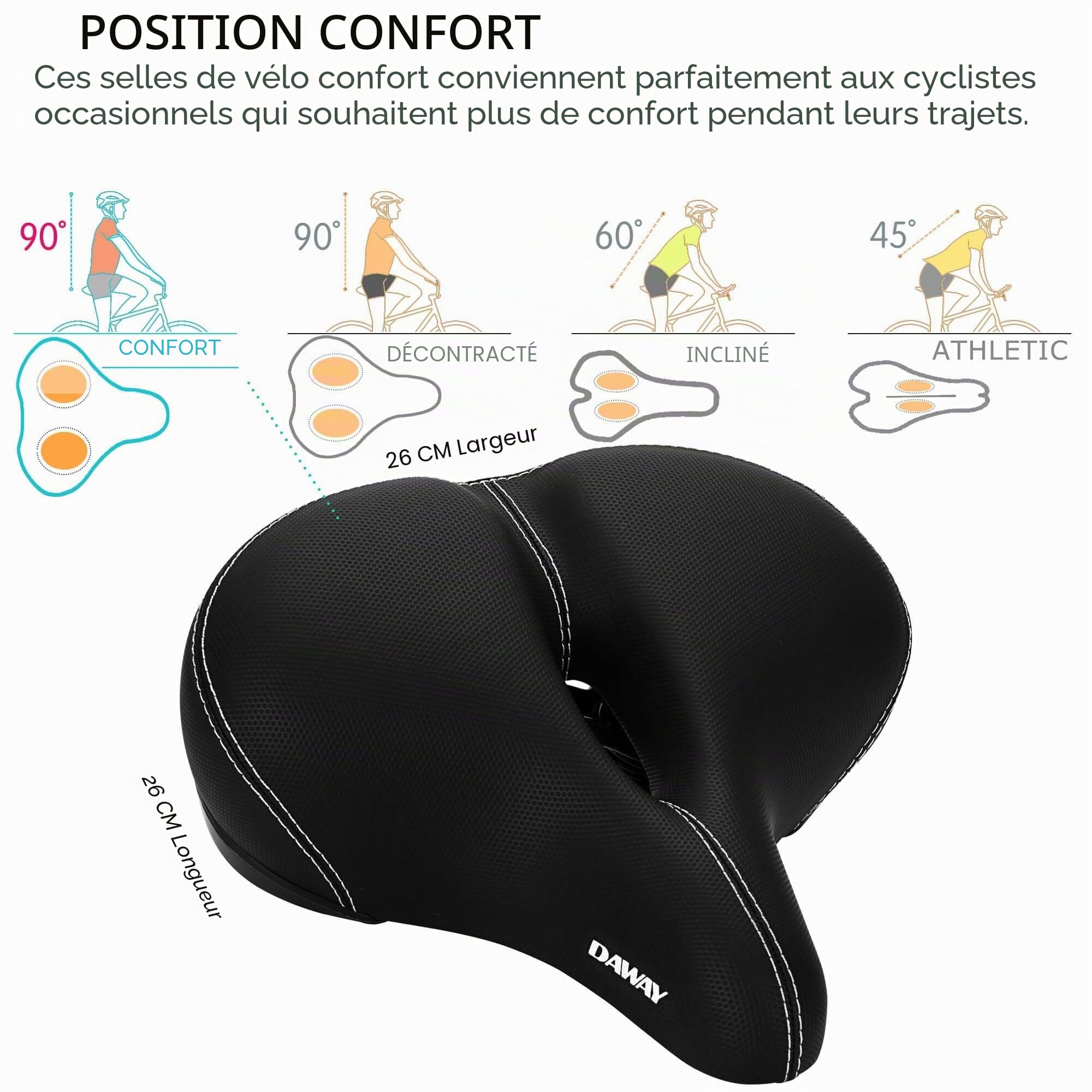 DAWAY C30 Selle de vélo surdimensionnée Confortable - Compatible avec Les vélos Peloton, d'exercice, de Montagne ou de Route, Remplacement de Selle de vélo Extra Large pour Homme Femme Confort