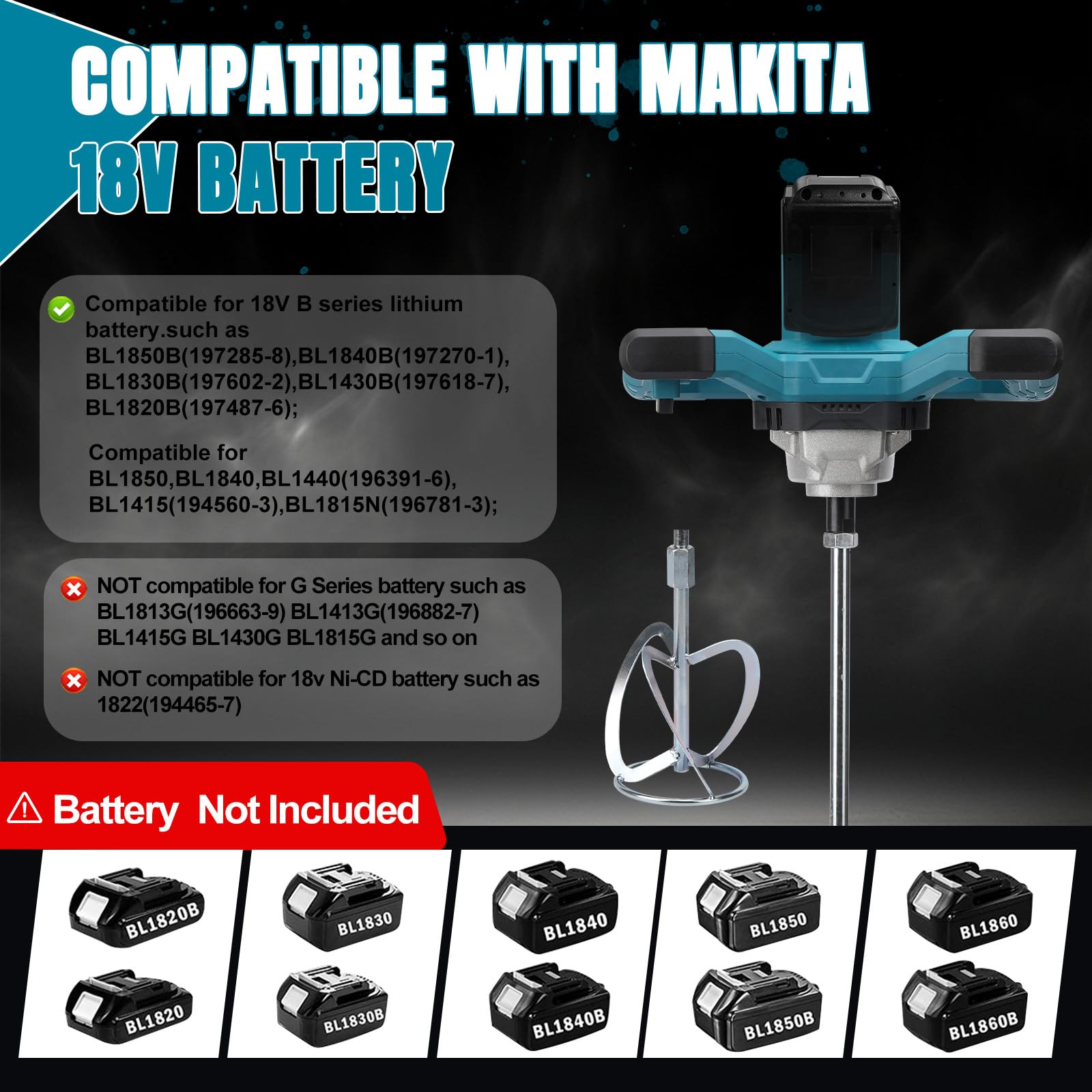 Mélangeur sans fil pour peinture et béton, compatible avec batterie Makita 18 V (sans batterie), mélangeur de mortier sans balais avec 6 vitesses et gants, pour mélanger les aliments, le mortier, la