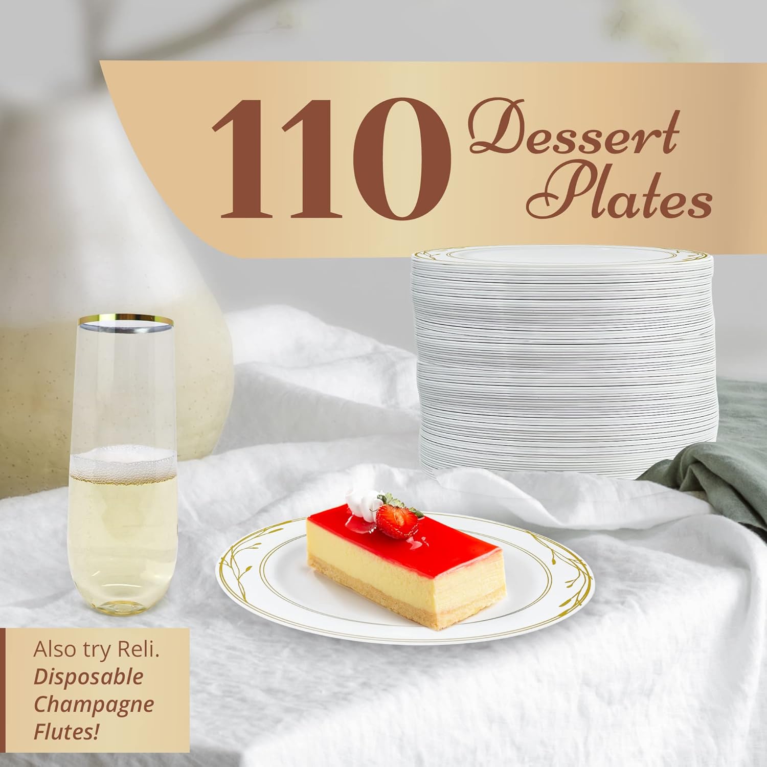 Reli. Disposable Plastic Plates, White & Gold Rim (110 Pcs, 7.5" Dessert Plate) | Hard Plastic Dessert/Salad/Cake | Heavy Duty Disposable Round Trays for Party, Wedding, Event (Gold Trim)