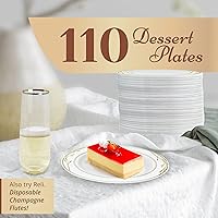 Vista 2 de Reli. Platos de plástico desechables, borde blanco y dorado (110 unidades, plato de postre de 7.5 pulgadas) Postre/ensalada/pastel de plástico