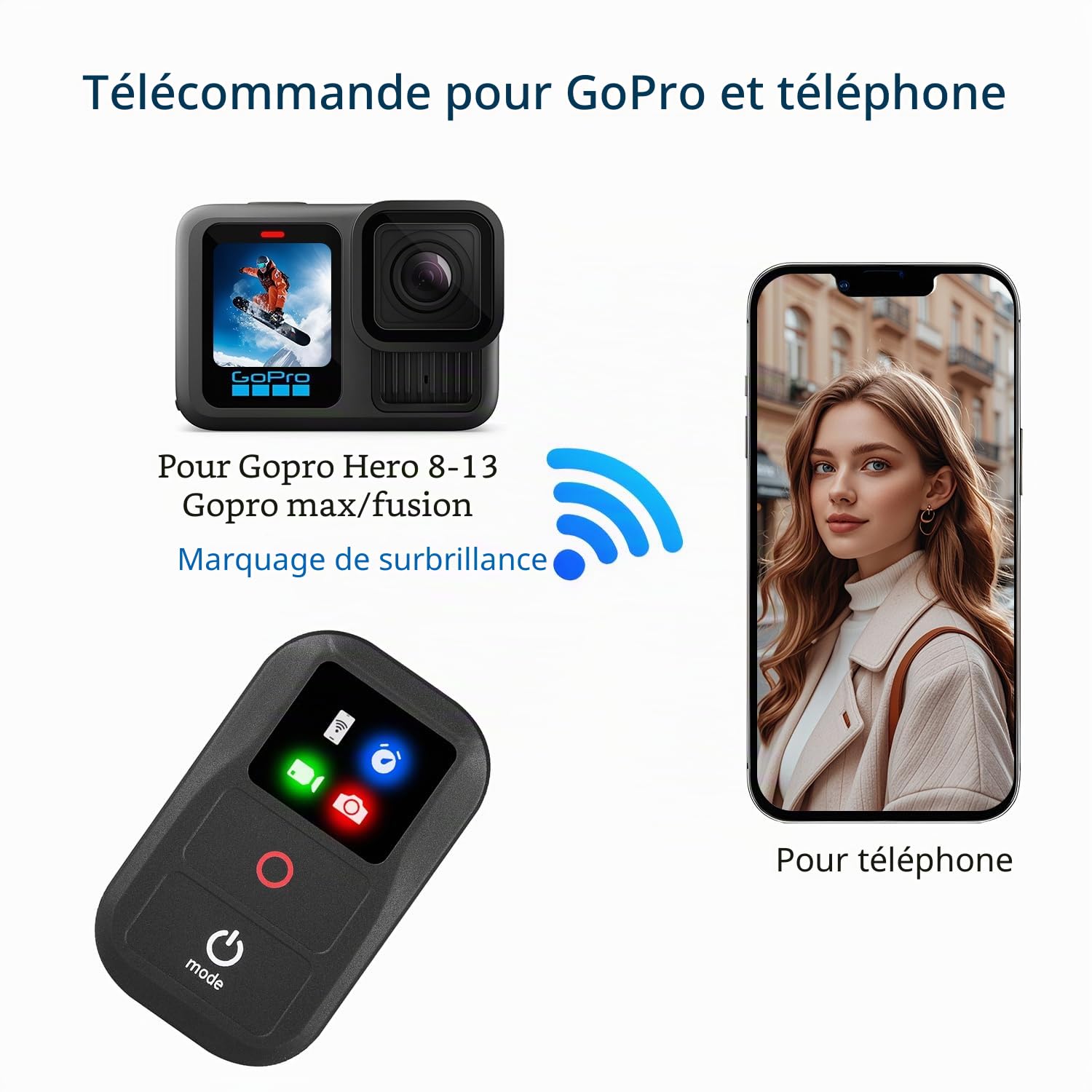Suptig Télécommande sans fil pour GoPro Hero 13/12/11/10/9/8 noir, GoPro Max, téléphone, batterie rechargeable intégrée