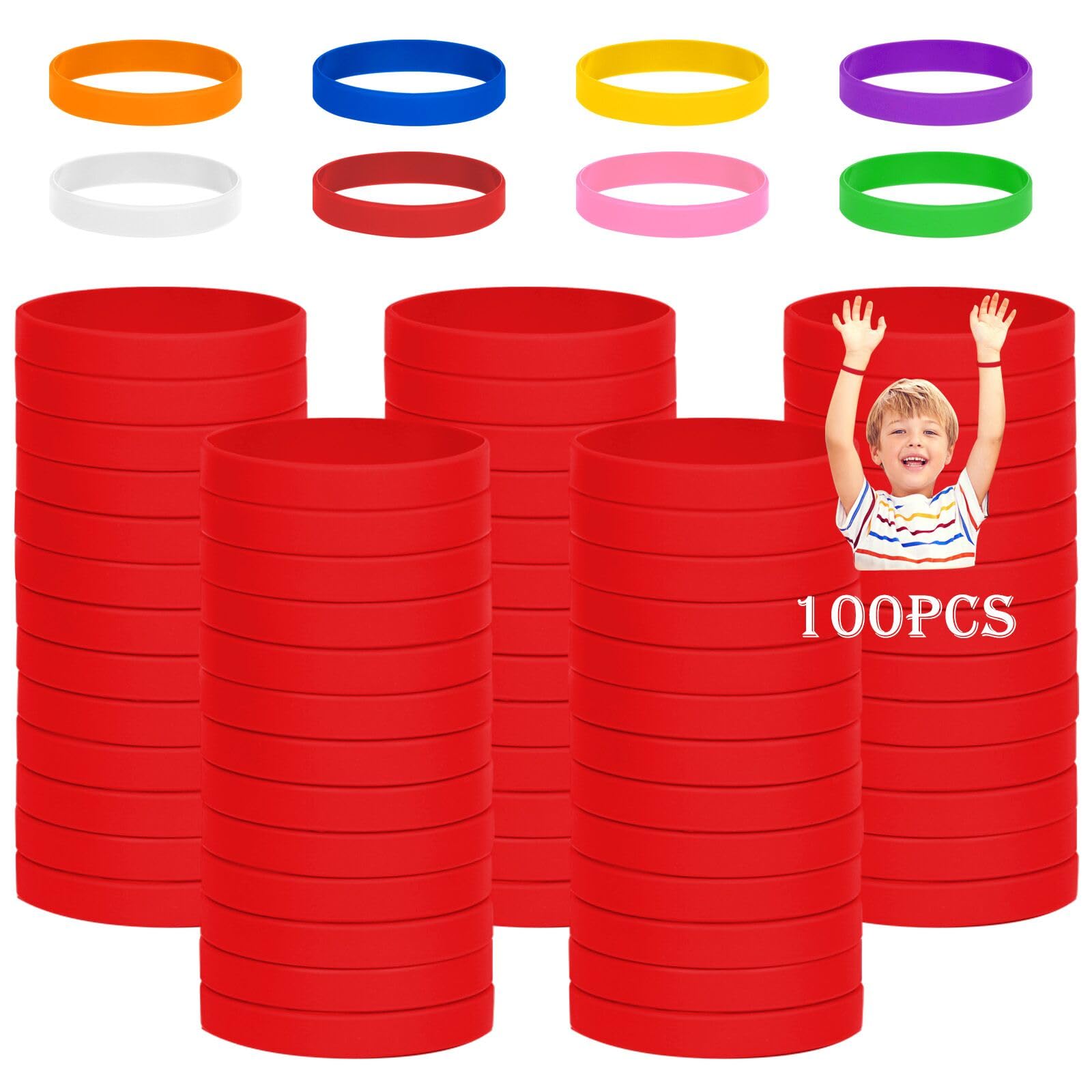 THXIY 100PCS Silicone Rubber Bracelet Bracelets Wristbands Wrist Bands for Kids Youth Teens Boys Gilrs, Children's Bulk Bracelets Event Bands, 6.3'' Bracelet Bulk for 3~7 Aged Back to School (Red)