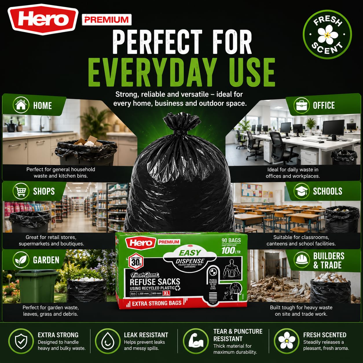 Hero Bolsas de basura perfumadas negras de 100 L, fáciles de dispensar, paquete plano de 90 unidades
