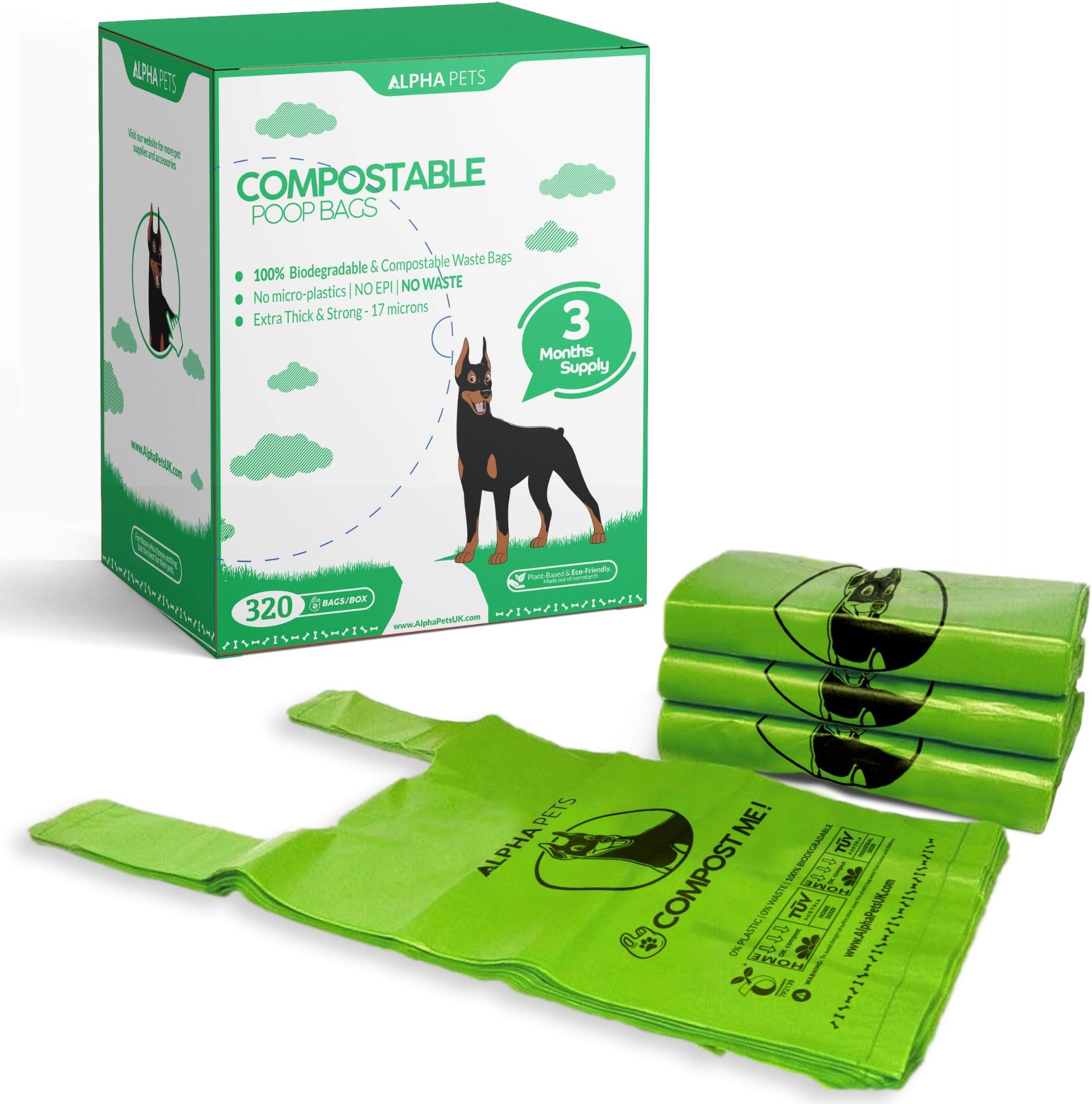 Compostable Dog Poo Bags With Easy-Tie Handles - 320 Medium-Large Biodegradable Cornstarch Pet Waste Bags - 3 Month Supply With Dispenser Box