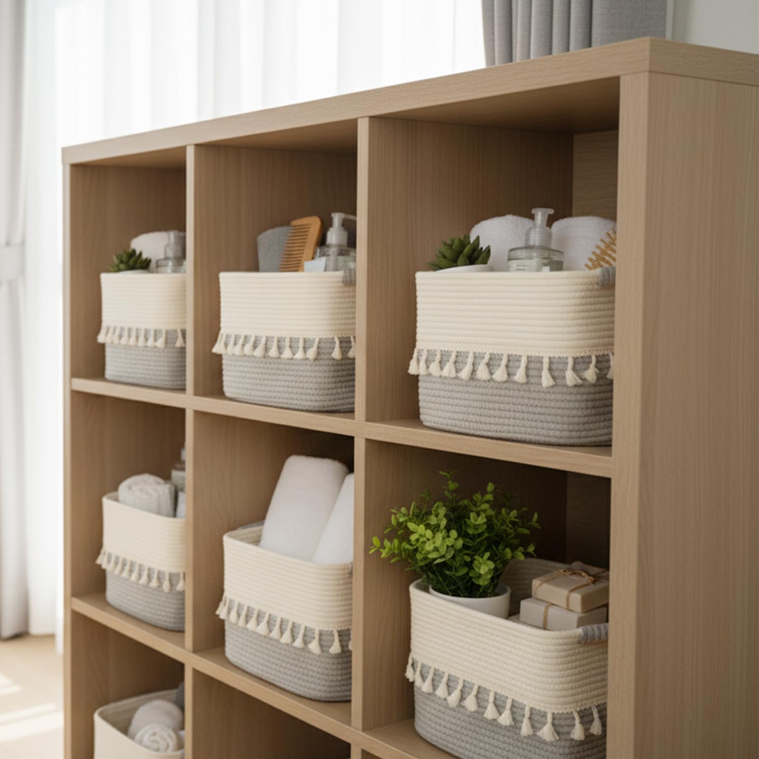 TeoKJ Cestini Intrecciati per Riporre Oggetti, in Corda di Cotone, Confezione da 3 Pezzi, Con Manici per Organizzare, Graziosi Cestini per Asilo Nido, Soggiorno, 38,1 x 25,4 x 22,9 cm, Bianco e Grigio