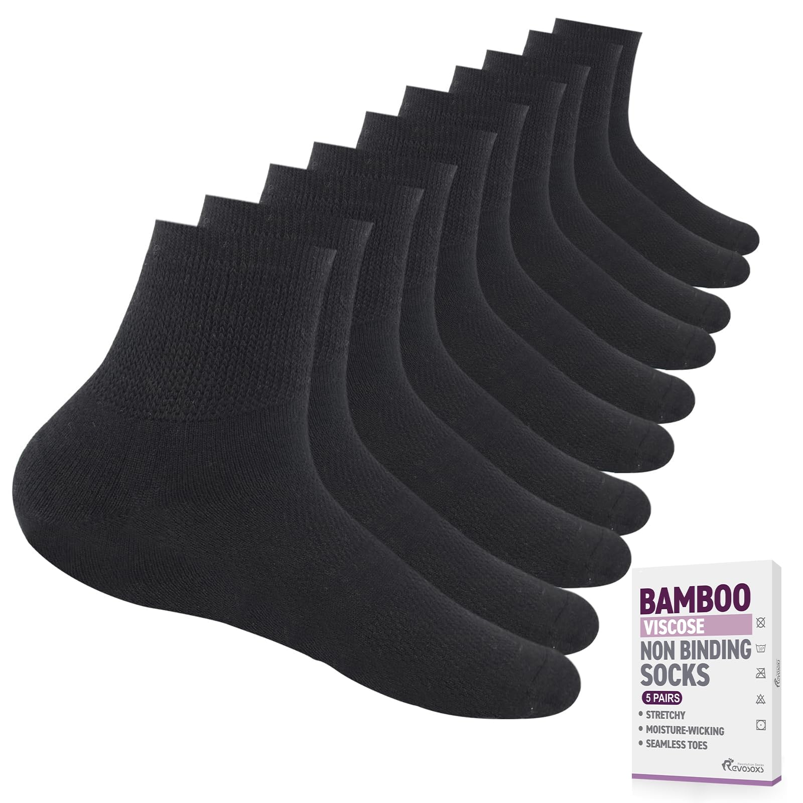 Revosoxs 5 pares de calcetines diabéticos sin estrés, calcetines de viscosa de bambú para hombres y mujeres, sin costuras, calcetines anchos, talla 39-40