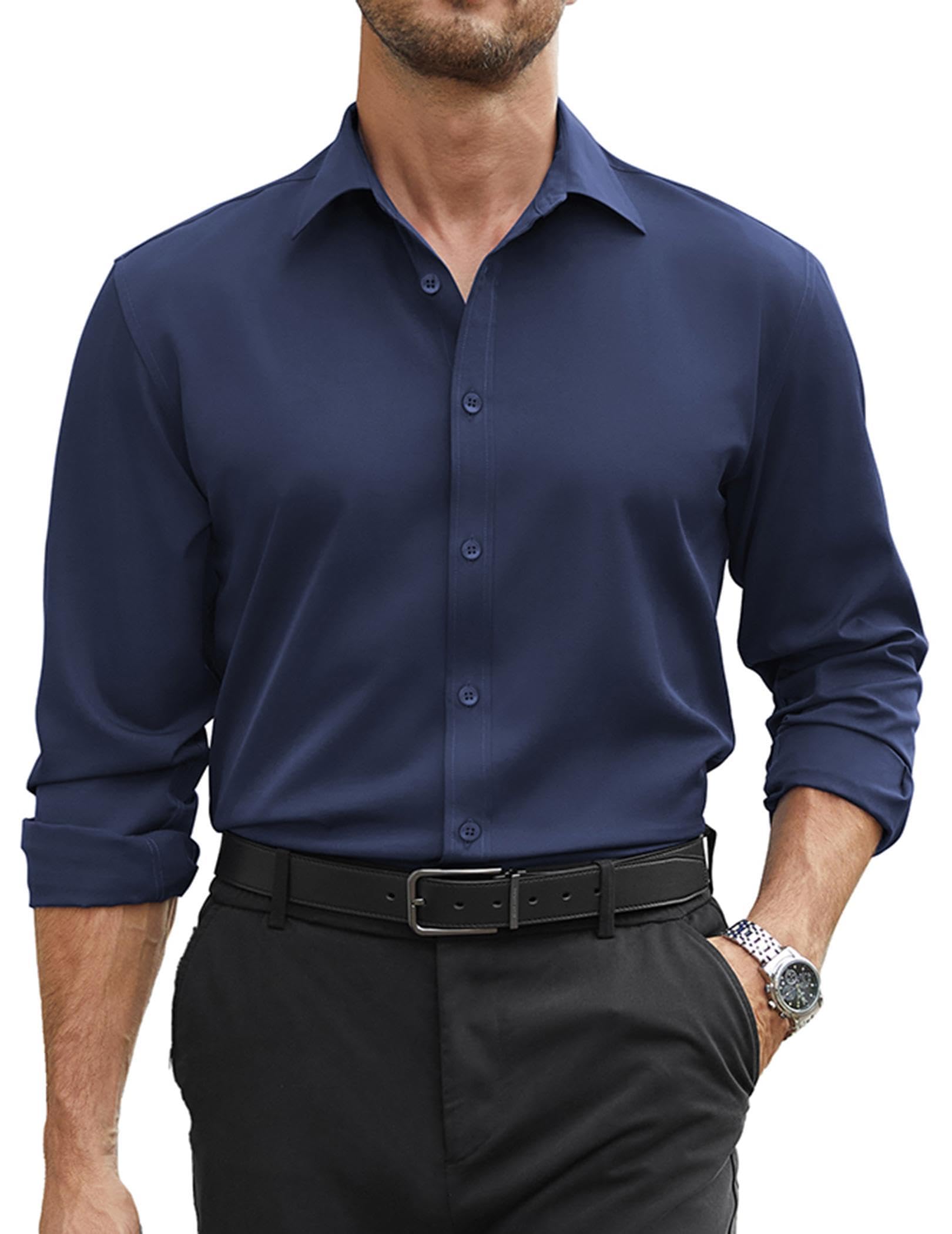 COOFANDY Mens Stretch Dress Shirts Long Sleeve Button Down Shirt Regular Fit Formal Business Wedding Shirts Midnight Blue Large