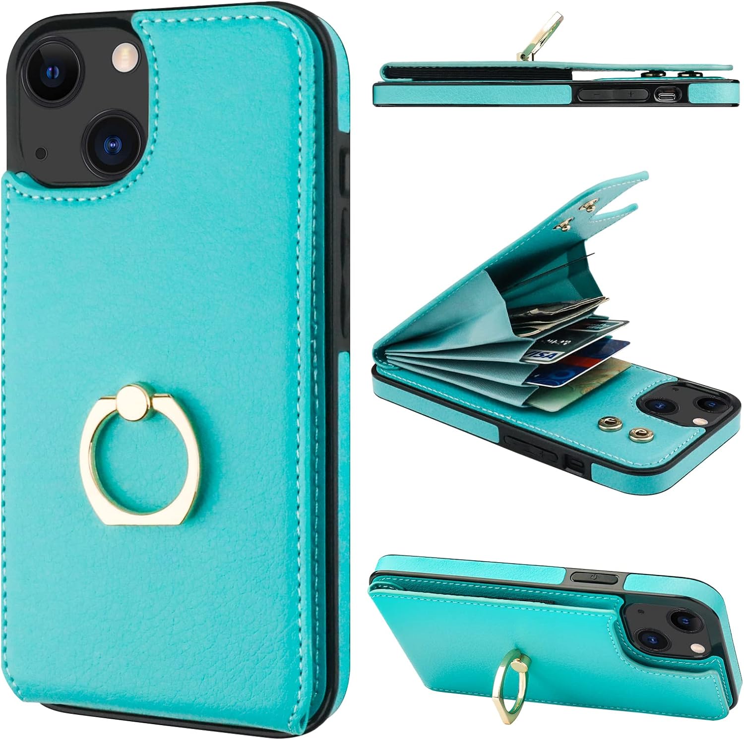 Folosu Compatible with iPhone 13 Case Wallet with Card Holder, 360°Rotation Finger Ring Holder Kickstand Protective RFID Blocking PU Leather Double Buttons Flip Cover 6.1 Inch Mint Green