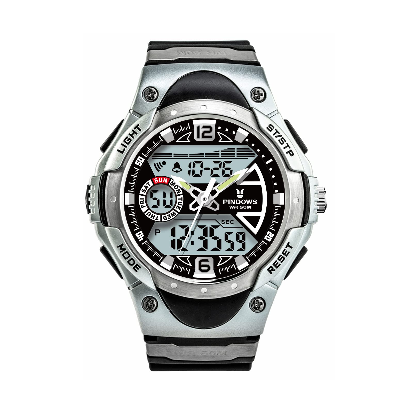 PINDOWS Watch for Men, Military Digital Analog Watch with LED Backlight Lighting,Outdoor Sports Electronic Watch Date Multi Function Alarm Stopwatch, 50M Waterproof Men Wrist Watch 12H/24H Display.