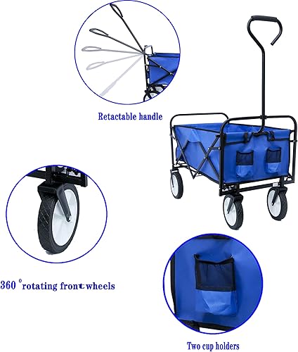 Miniatura 8 de Carro plegable para exteriores, carrito de compras plegable para jardín, con asas ajustables y portavasos para compras y picnic en el parque,
