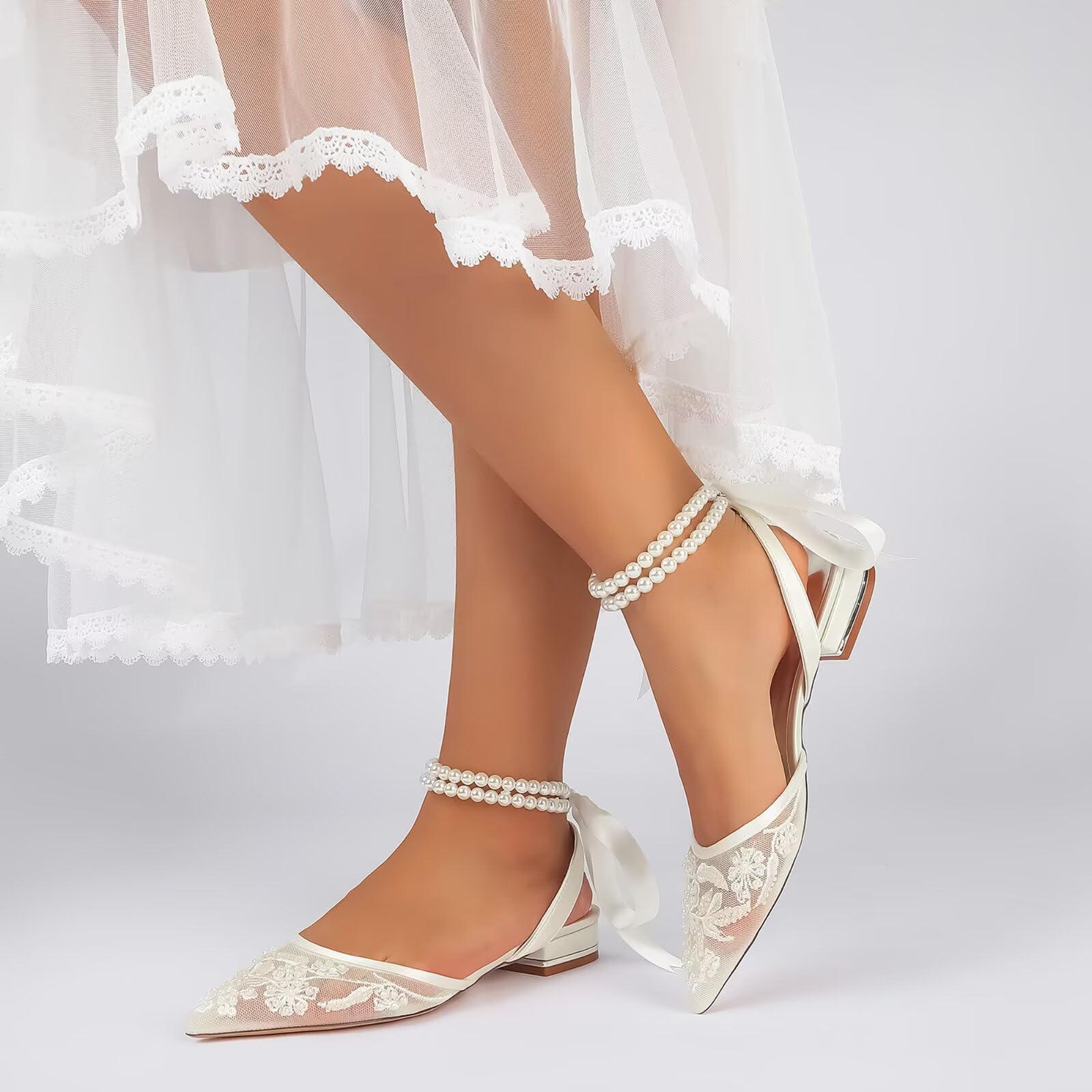 HNVAVQ Damen Brautschuhe Spitze Ballerinas Bequem 2,5 cm Blockabsatz mit Perlen und Seidenband Spitze Hochzeitsschuhe