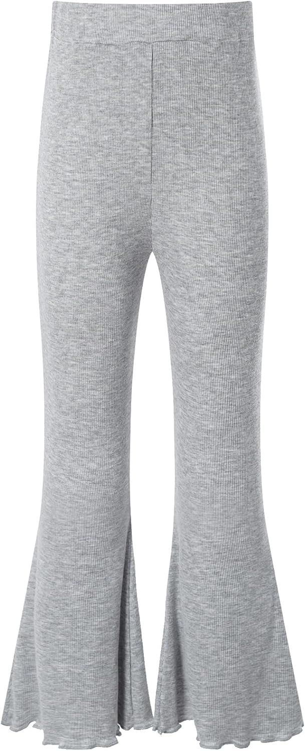 Jhaoyu Kids Girls Stretchy Ribbed Flared Pants Solid Color Bell Bottoms Pants Ruffle Leggings Trousers