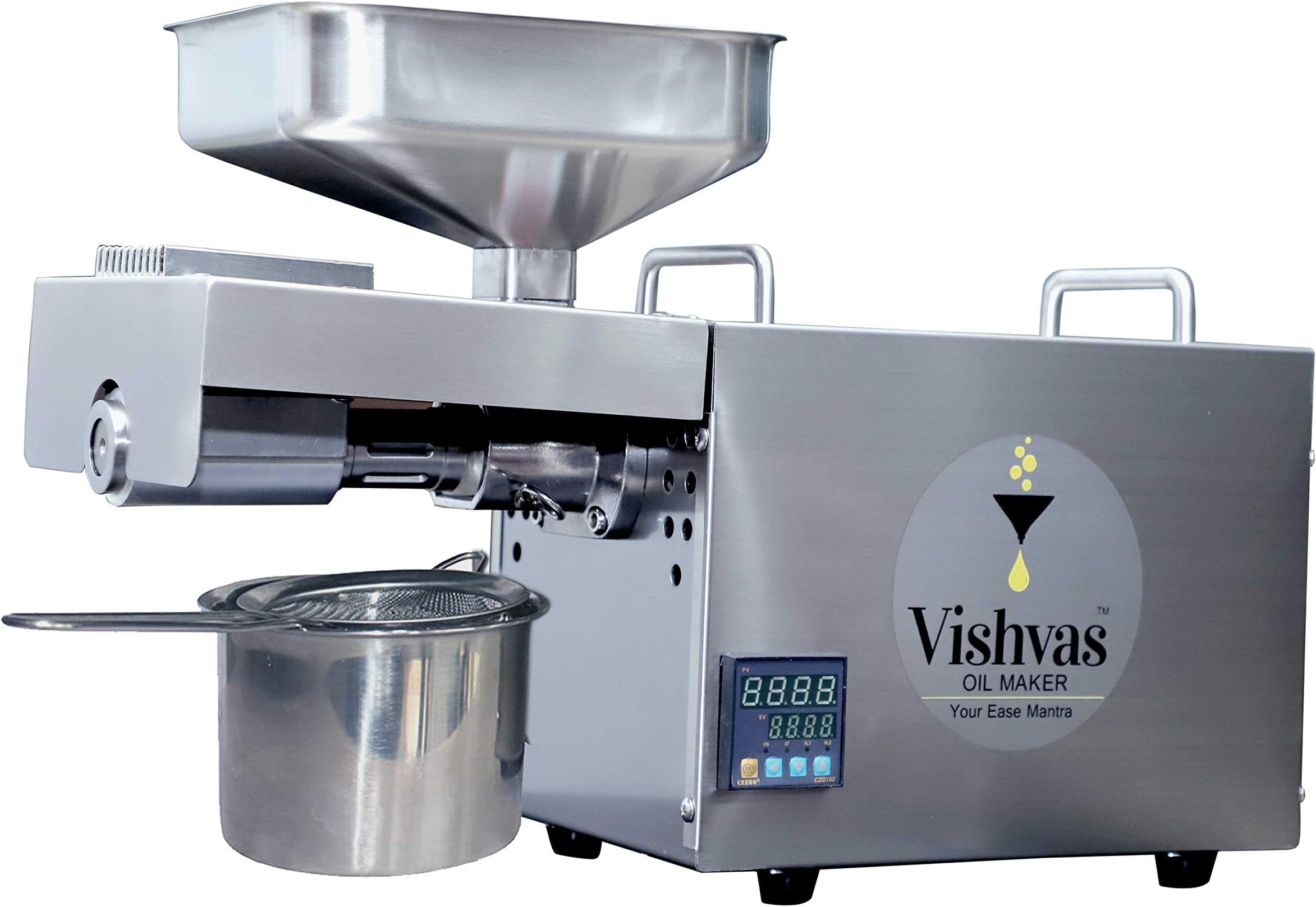 VISHVAS OIL MAKER-YOUR EASE MANTRA WITH DEVICE Oil Maker Machine Vi-582Tc 600 Watt Cold Oil Press / Extraction Machine With Multiple Seed Temperature Controller, Stainless Steel, 600 Watt
